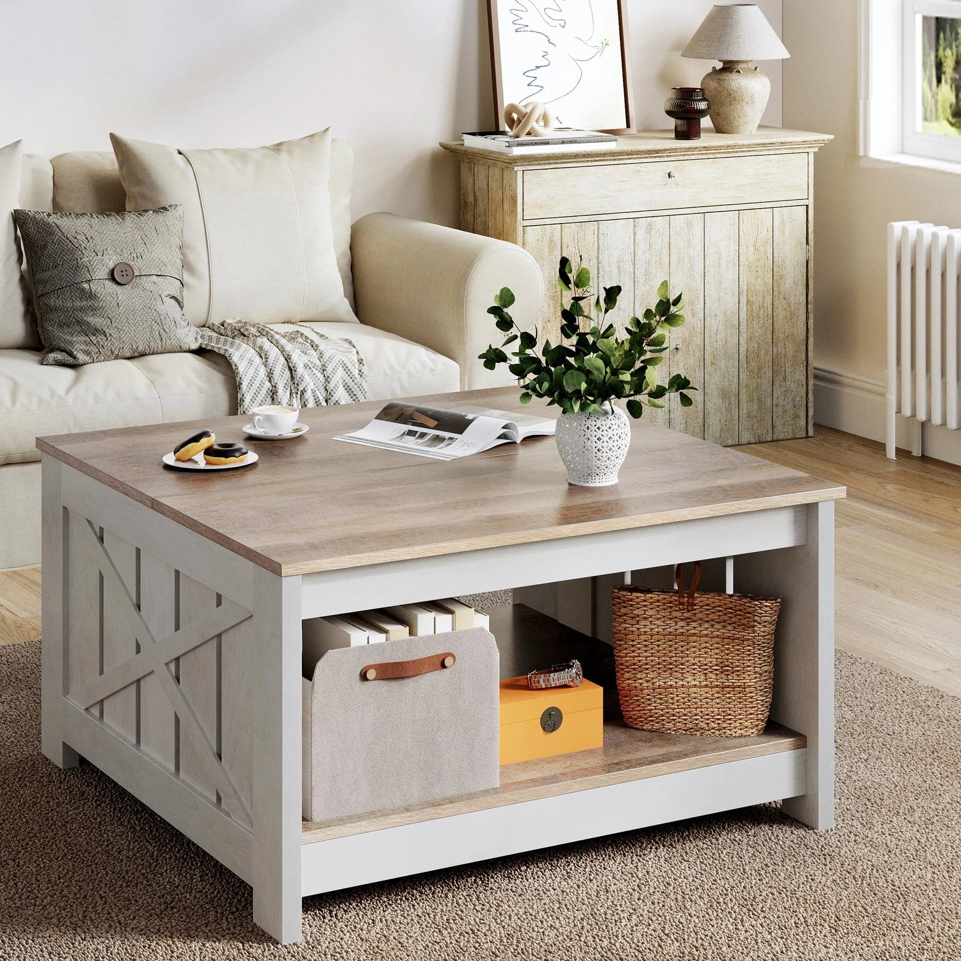 Dextrus Coffee Table with Storage, Square Wood Farmhouse Coffee Table with Barn Door for Living Room, Grey Wash