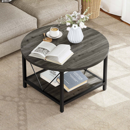 DWVO Round Coffee Table, 31.5" Industrial Design Furniture Sturdy Metal Frame Legs Table, Cocktail Table with Storage Open Shelf for Living Room, Gray