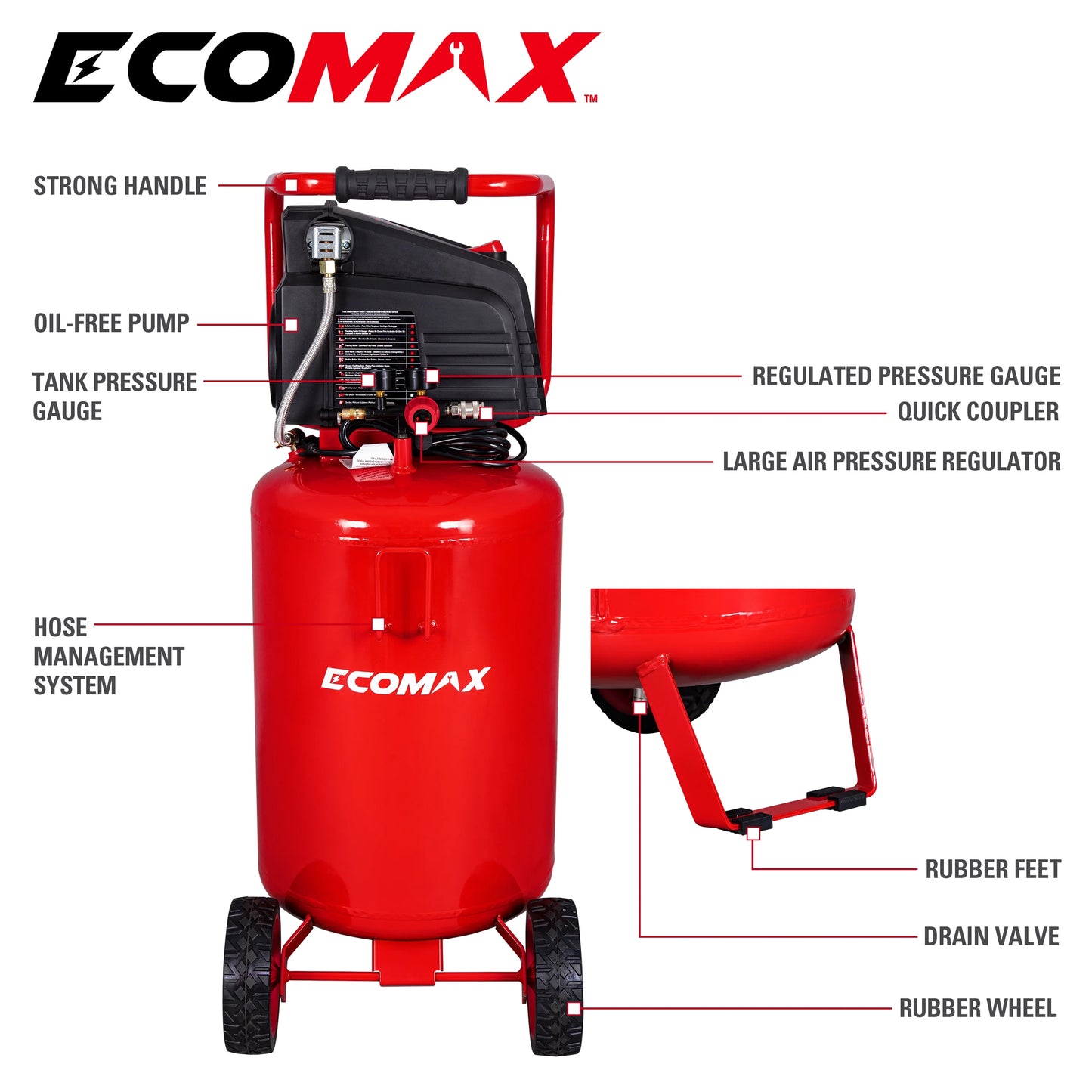 Ecomax 20 Gallon Portable Air Compressor, 150 PSI 1.5 HP Oil-Free Electric for Home Garage & Shop