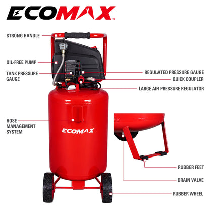 Ecomax 20 Gallon Portable Air Compressor, 150 PSI 1.5 HP Oil-Free Electric for Home Garage & Shop