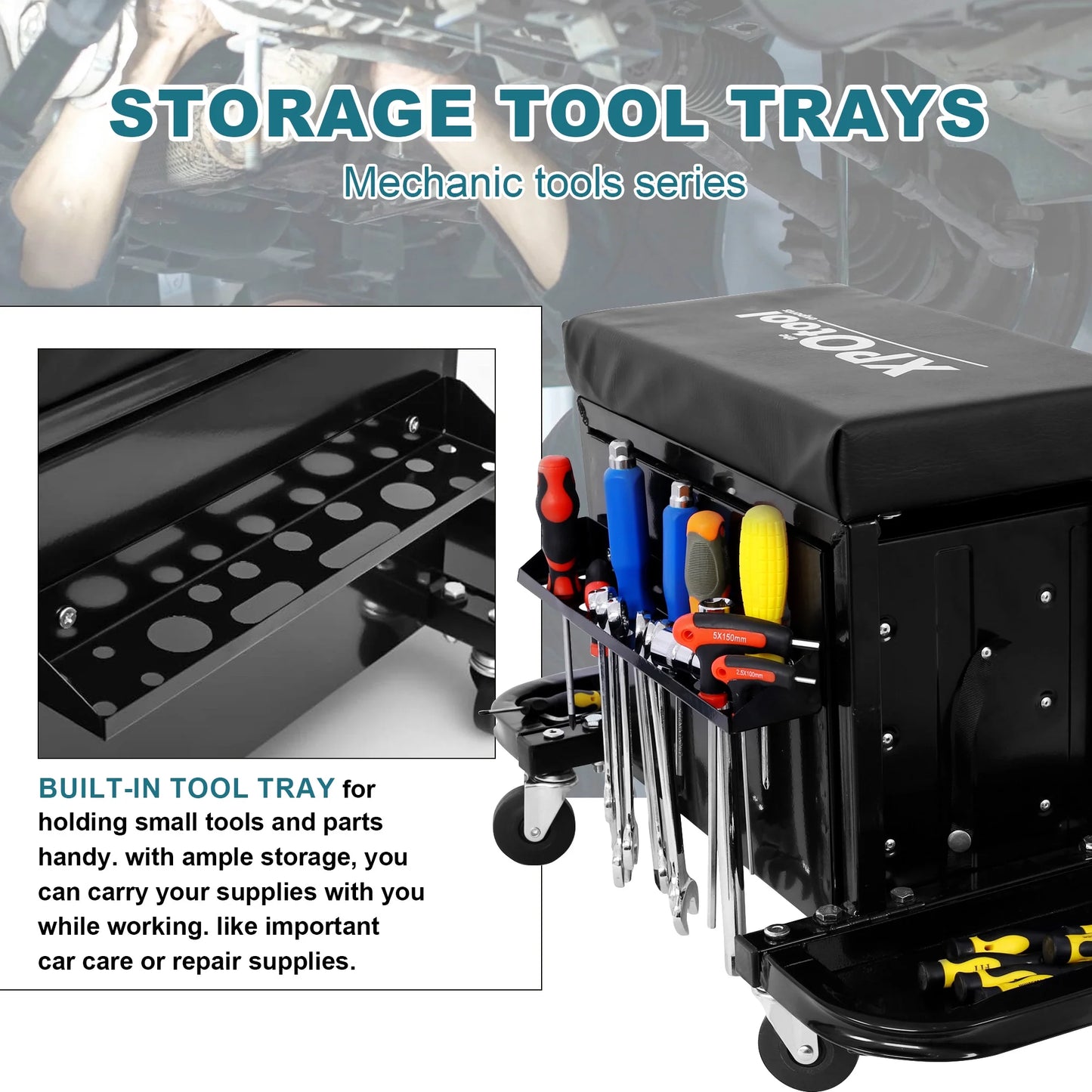 Aukfa Tool Chest Seat, Steel Rolling Tool Box with Wheels and Foldable Magnetic Storage Trays, 3-Drawers, 350LBS Capacity, Black