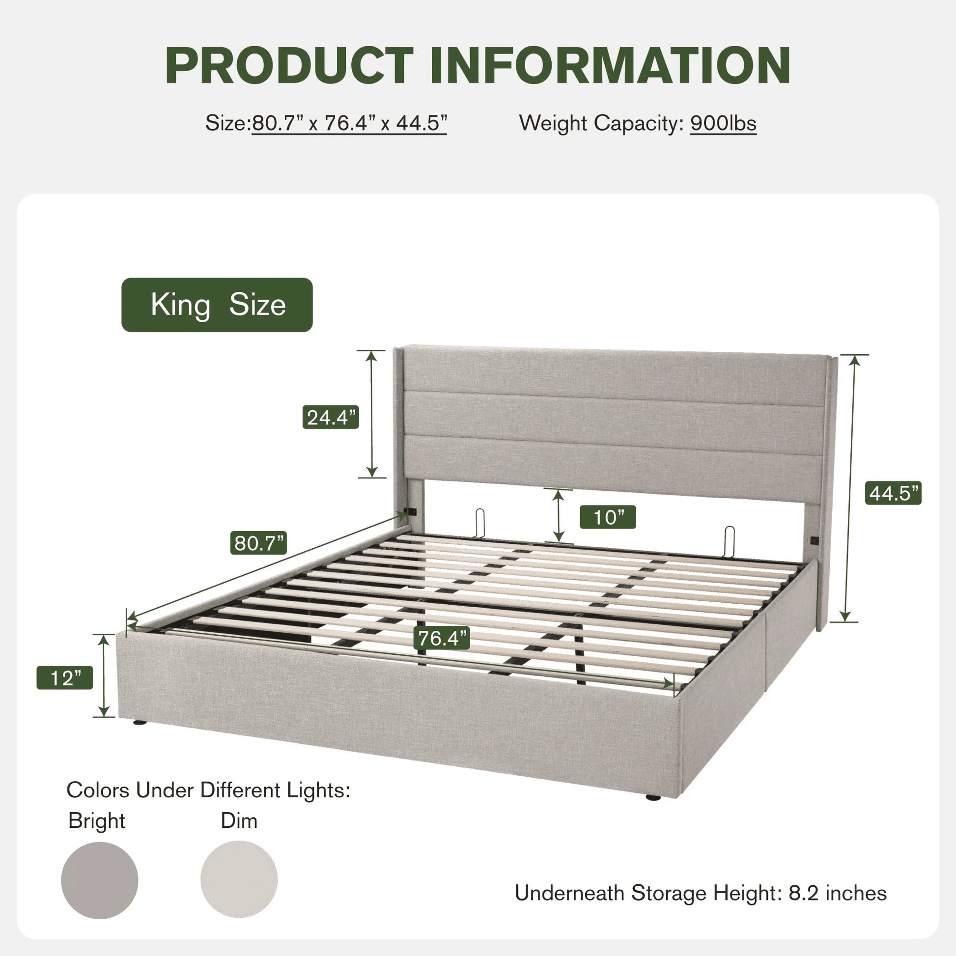 Einfach King Size Lift up Storage Bed with Wingbacks and Horizontal Channel Headboard, Beige