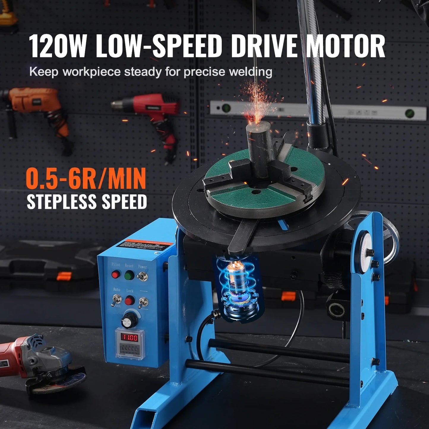 KFFKFF Rotational Welding Stand 50KG, Adjustable 0-90? Welding Turntable 0.5-6RPM 120W, Equipped with 12.4 Inch 3-Jaw Lathe Chuck & Welding Torch Support for Cutting, Grinding, Assembly, Testing