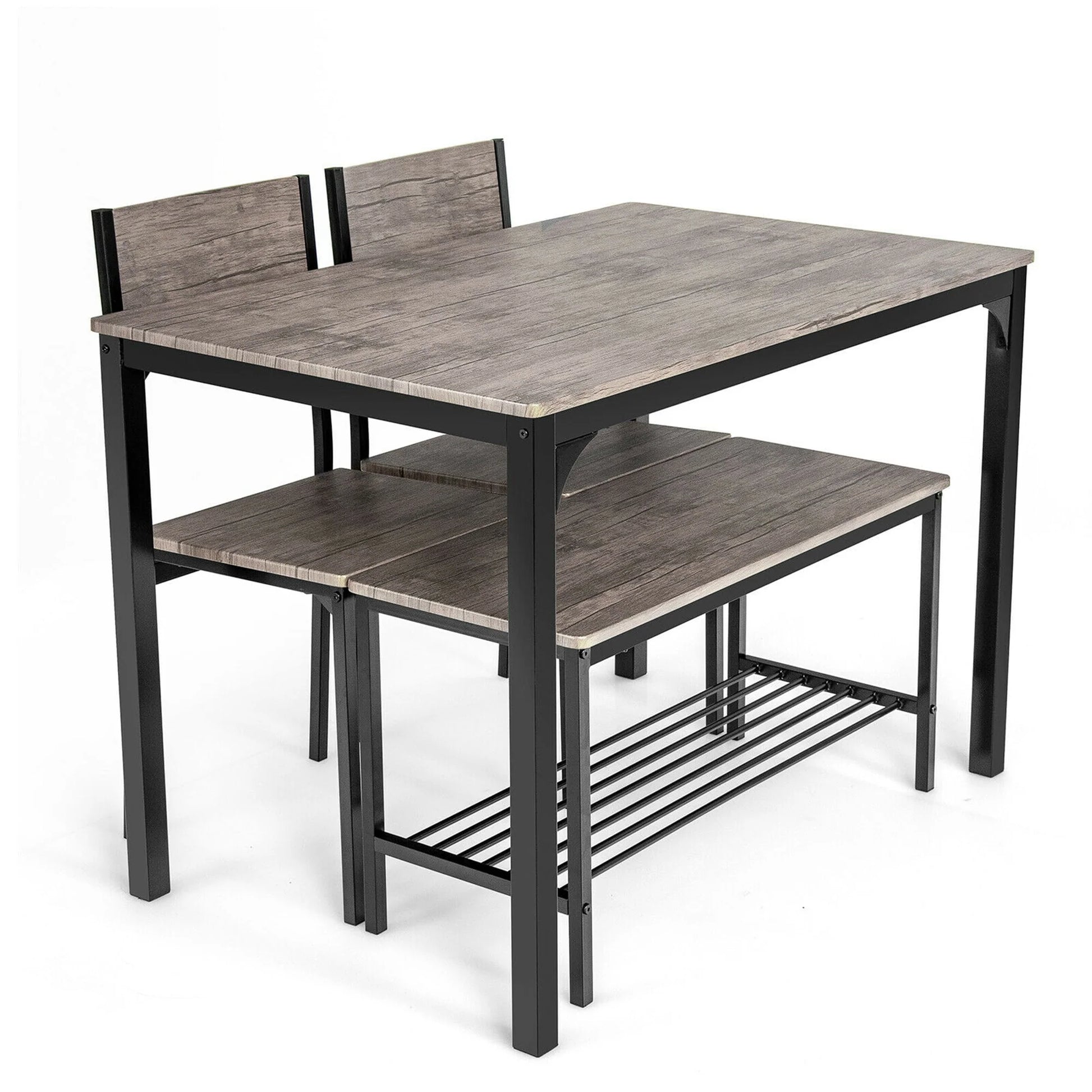 Gymax 4pcs Dining Table Set Rustic Desk 2 Chairs & Bench w/Storage Rack Grey