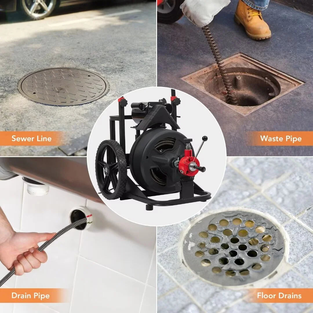 Drain Cleaner Machine 100FT x 1/2 Inch, Auto Feed Sewer Snake Auger on Wheels, with 6 Cutters, Electric Drain Clog Remover Plumbing Tool for 1-4" Pipes