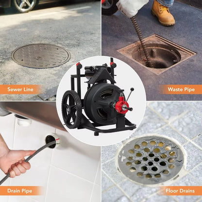 Drain Cleaner Machine 100FT x 1/2 Inch, Auto Feed Sewer Snake Auger on Wheels, with 6 Cutters, Electric Drain Clog Remover Plumbing Tool for 1-4" Pipes