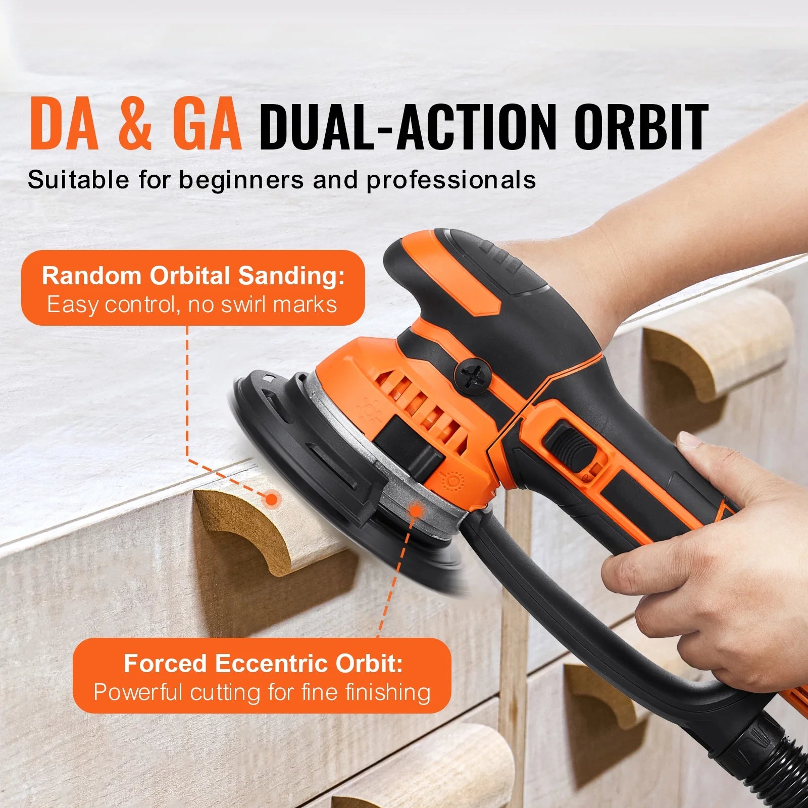 KFFKFF Eccentric Sander,Dual Function 6-Inch DA & GA Orbital Sander,850W 7400PRM with 6 Adjustable Speeds,Electric Hand Sander including 10PCS Sandpapers,Dust Attachment for Detailed Woodwork Sanding