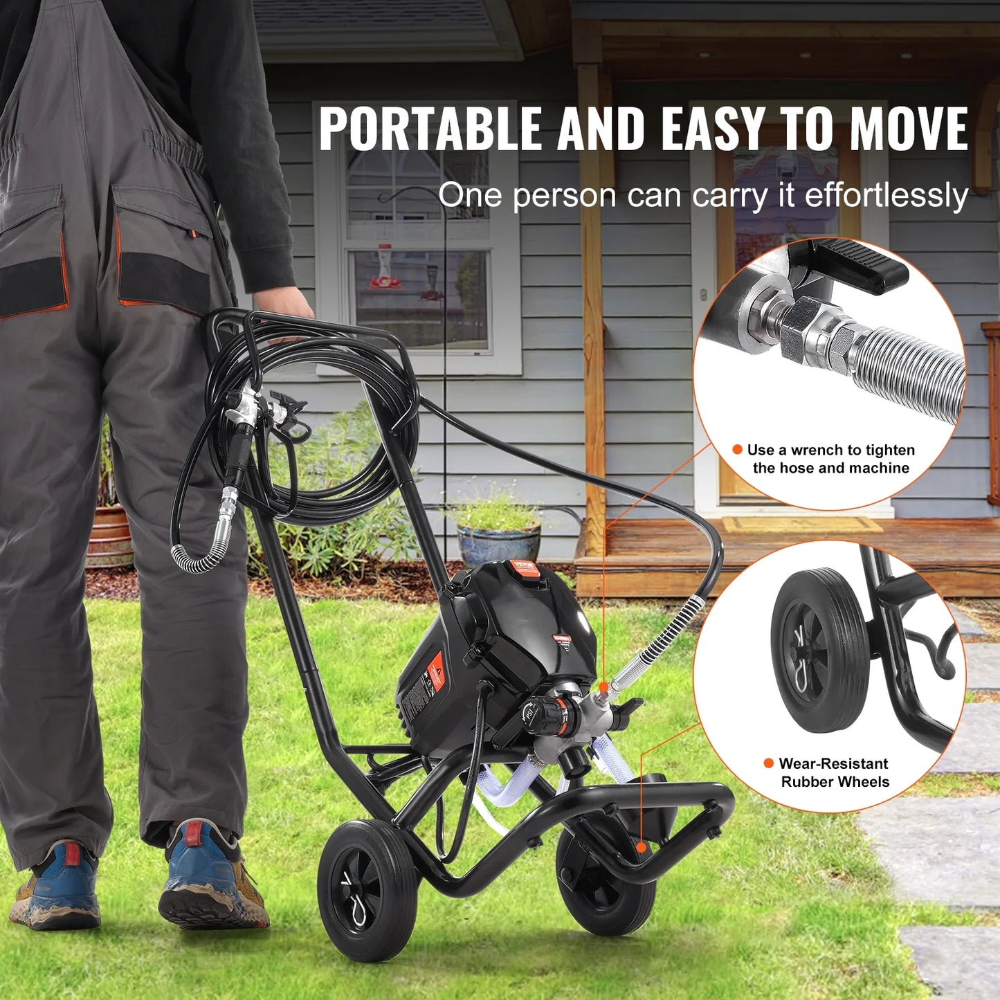 VEVOR 750W Stand Airless Paint Sprayer, 3000PSI High Efficiency Electric Airless Sprayer With Cart, Paint Sprayers for Home Interior and Exterior Furniture and Fences, Fine And Even Painting Effect