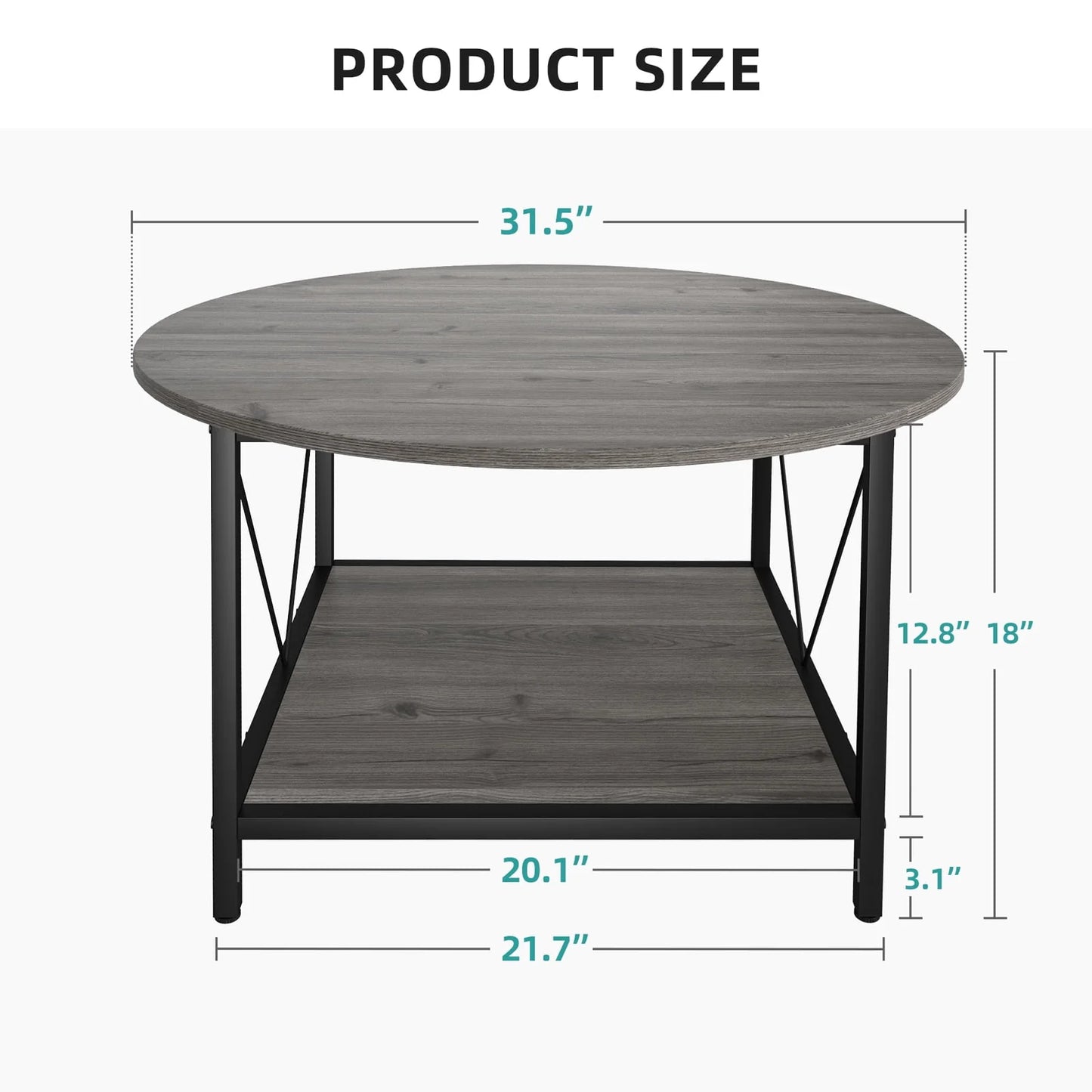 DWVO Round Coffee Table, 31.5" Industrial Design Furniture Sturdy Metal Frame Legs Table, Cocktail Table with Storage Open Shelf for Living Room, Gray