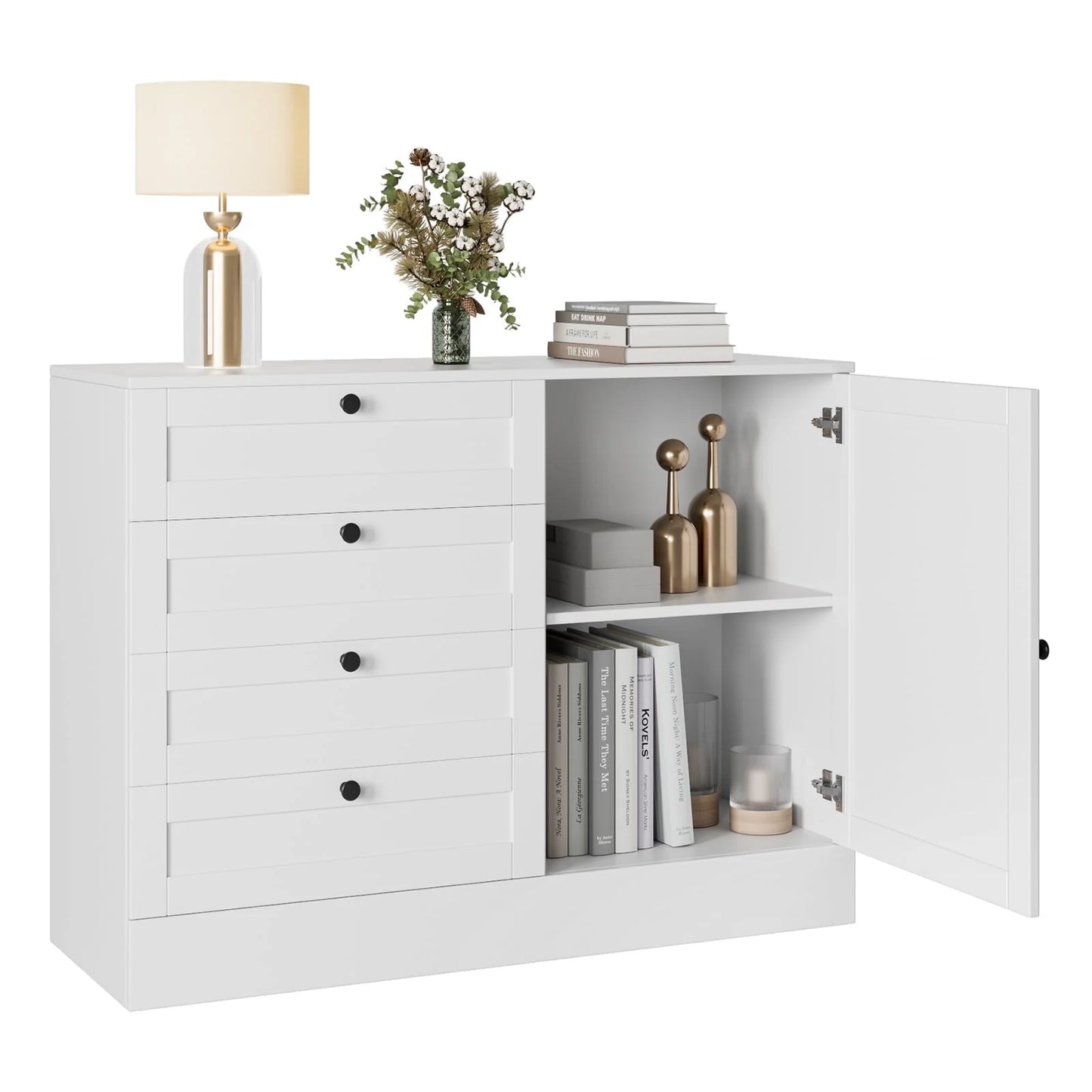 Homfa White Storage Cabinet with 4 Drawers & 1 Door, 43.3'' Wide Chest Sideboard Buffet for Dining Room, Kitchen, Bedroom