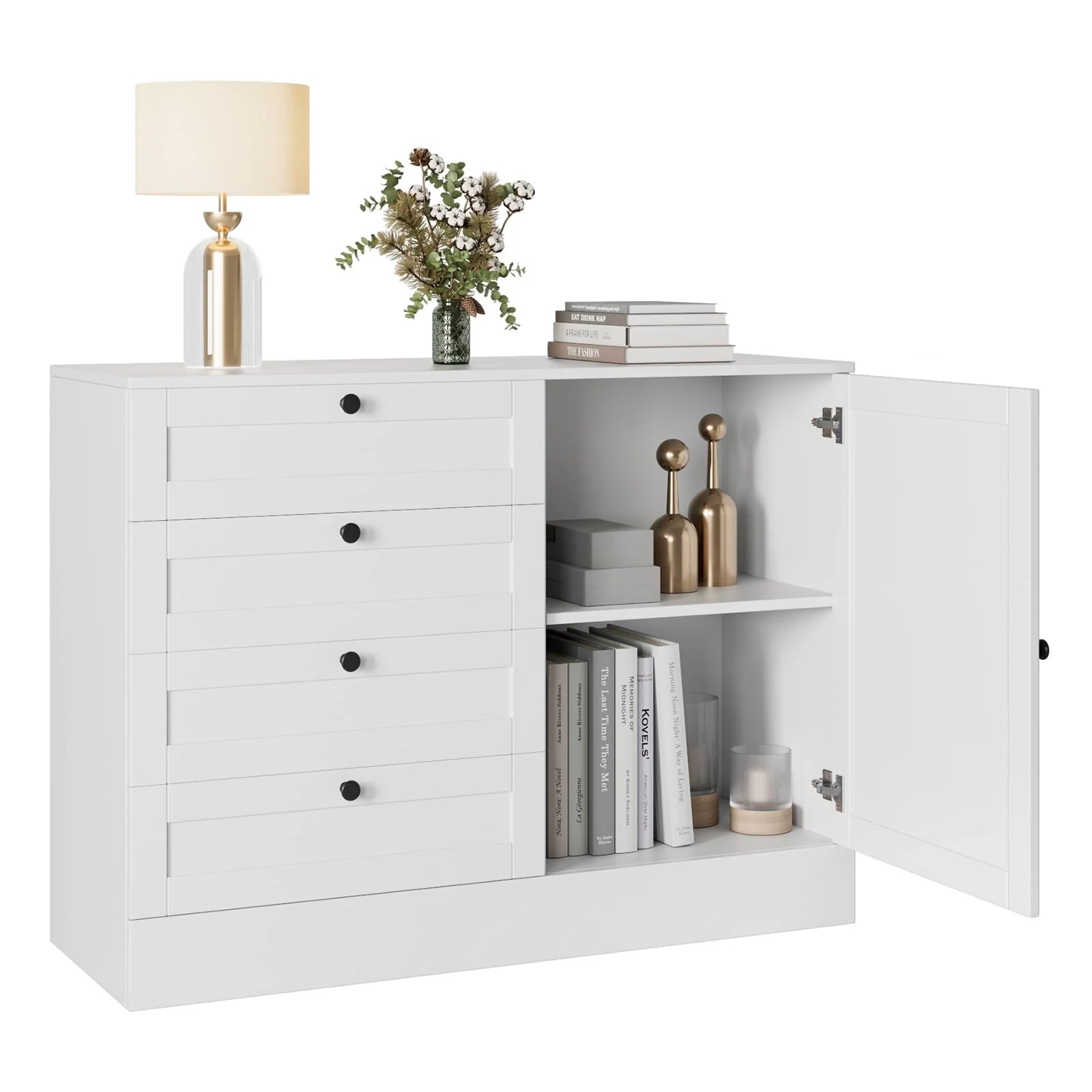 Homfa White Storage Cabinet with 4 Drawers & 1 Door, 43.3'' Wide Chest Sideboard Buffet for Dining Room, Kitchen, Bedroom