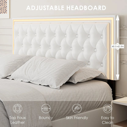 Homfa Queen LED Bed, 9 Colors LED Lights Platform Bed Frame with 4 Storage Drawers, Adjustable Upholstered Headboard with Button Tufted, PU White