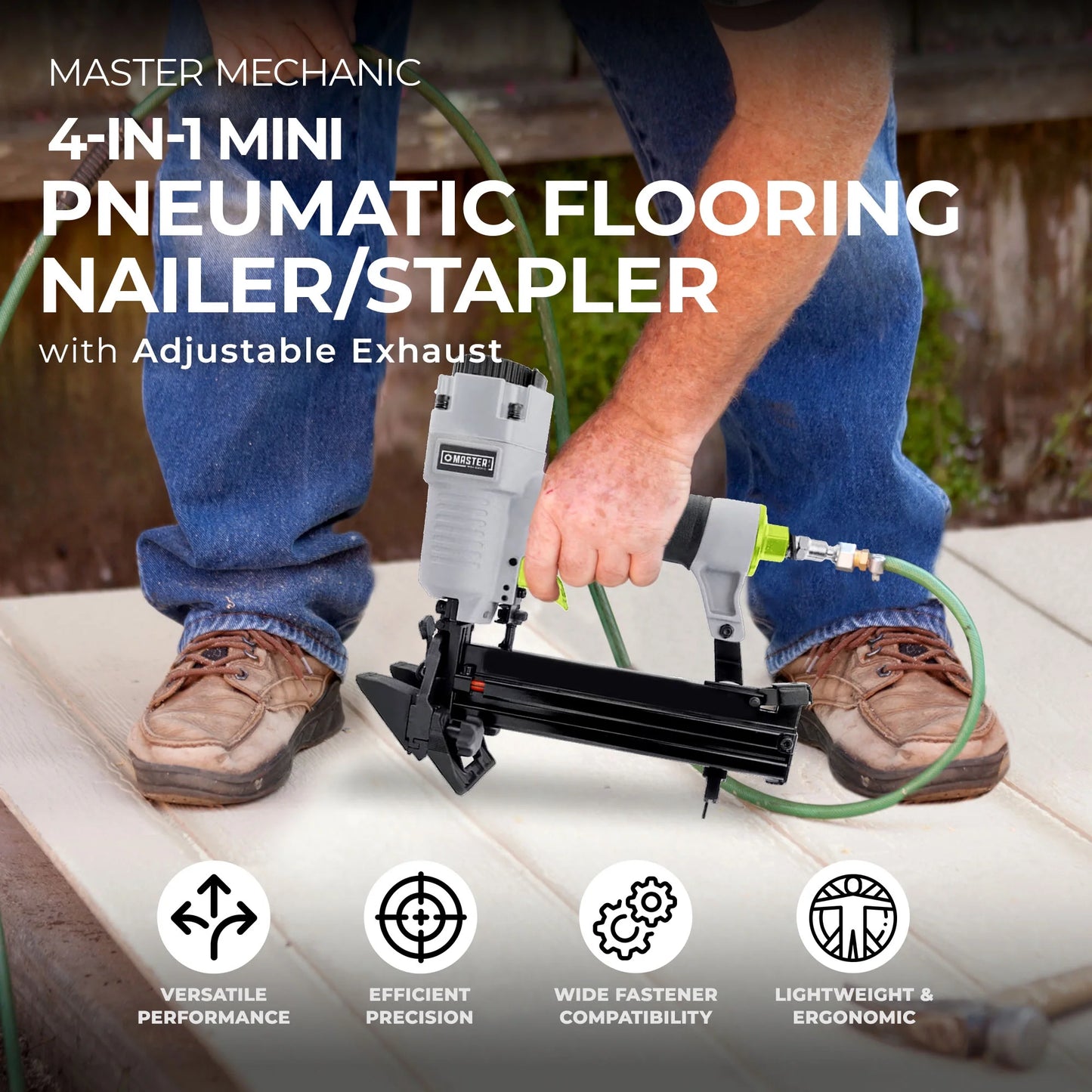 Master Mechanic 4-in-1 Mini Pneumatic Flooring Nailer/Stapler, Gray