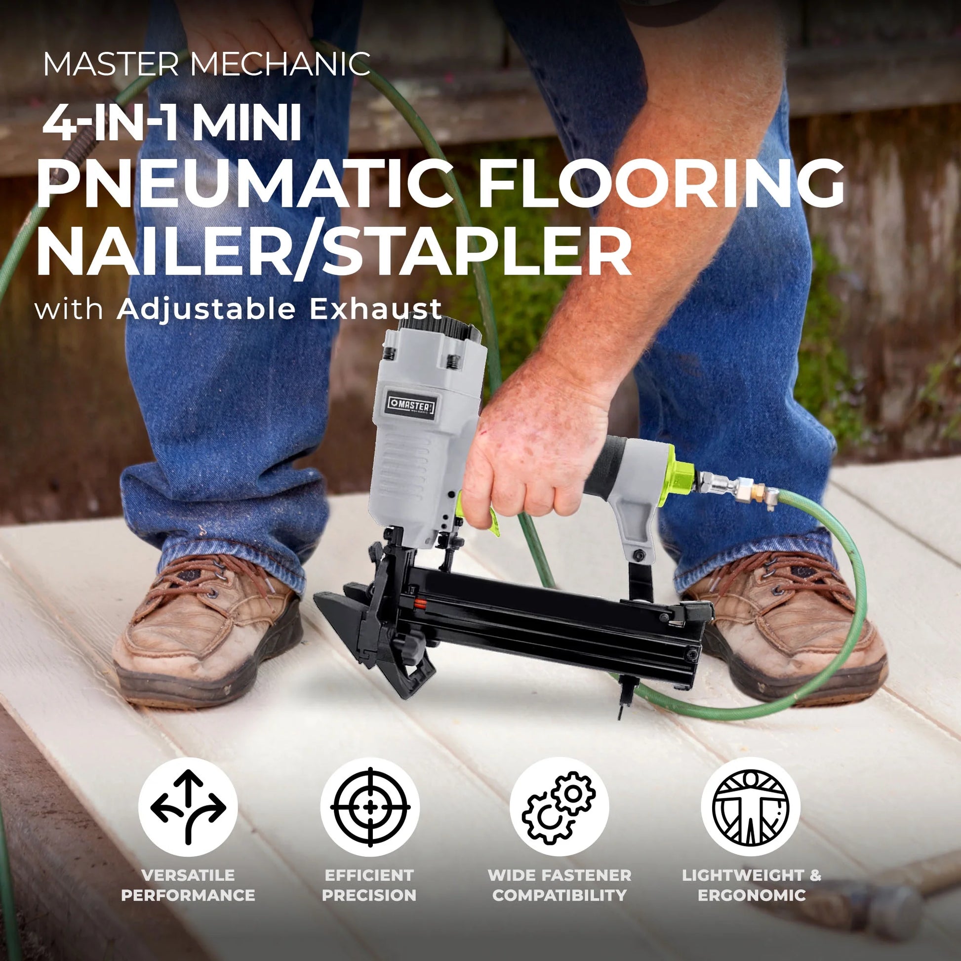 Master Mechanic 4-in-1 Mini Pneumatic Flooring Nailer/Stapler, Gray