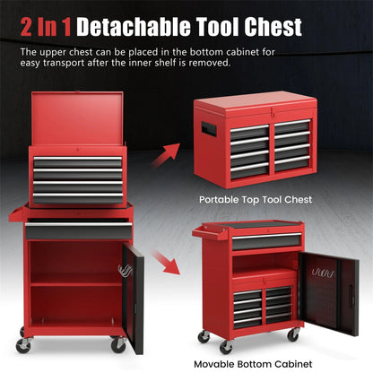 Aukfa Tool Box, 2-in-1 Rolling Tool Chest & Cabinet on Wheels for Garage Workshop, 5-Drawer, Red& Black