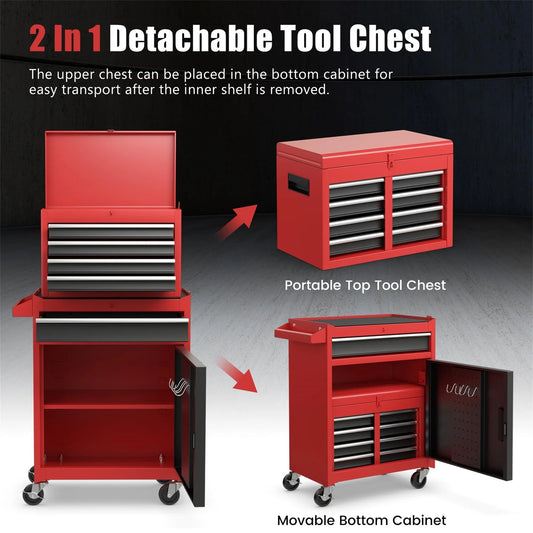 Aukfa Tool Box, 2-in-1 Rolling Tool Chest & Cabinet on Wheels for Garage Workshop, 5-Drawer, Red& Black