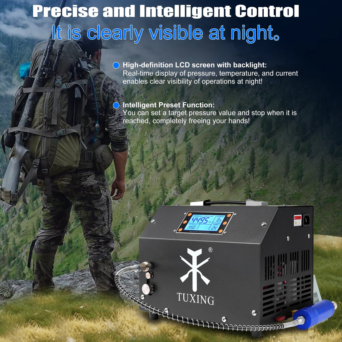 TUDIVING PCP Air Compressor LCD Display 4500Psi Built-in Converter Auto-Stop Portable Air Pump 110V