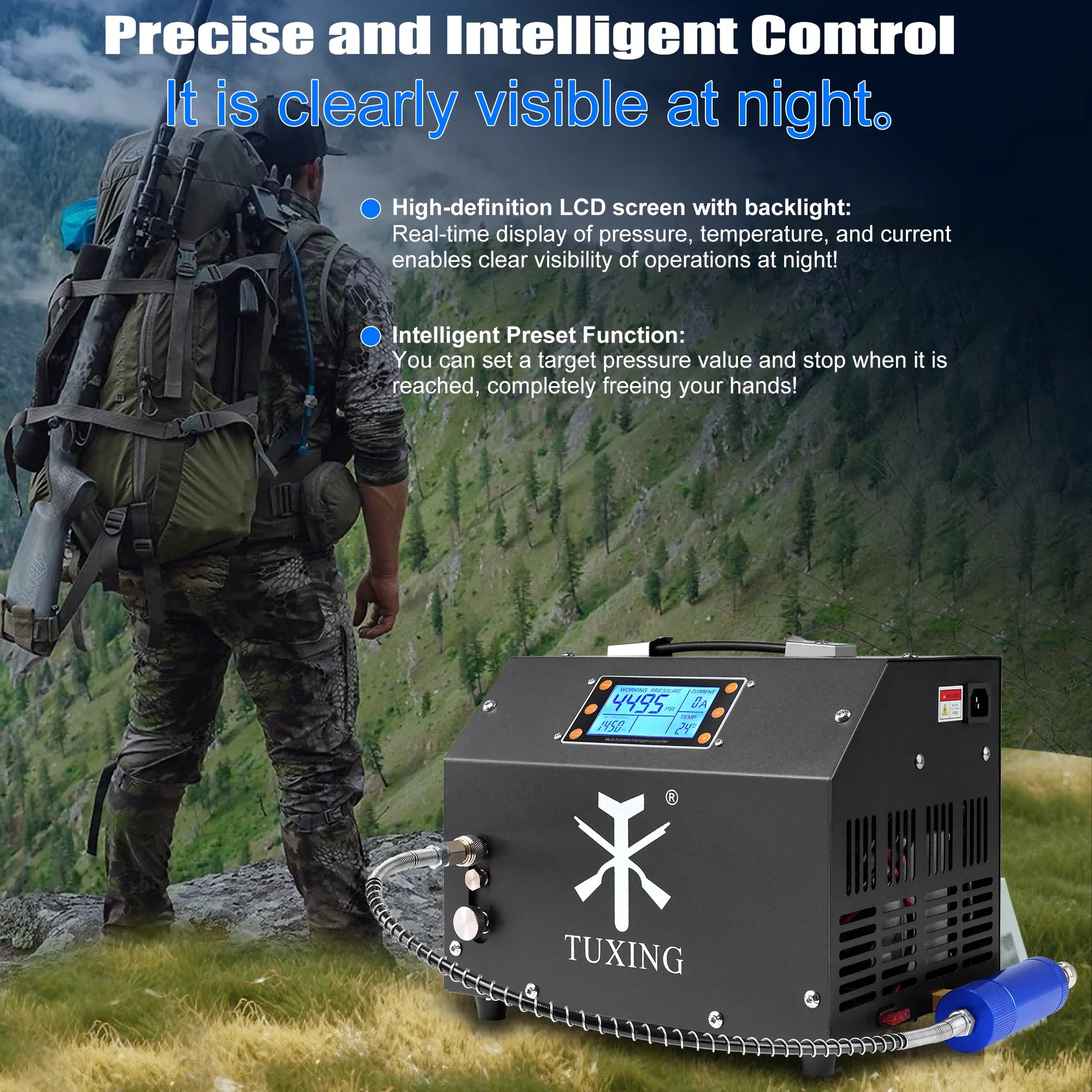 TUDIVING PCP Air Compressor LCD Display 4500Psi Built-in Converter Auto-Stop Portable Air Pump 110V