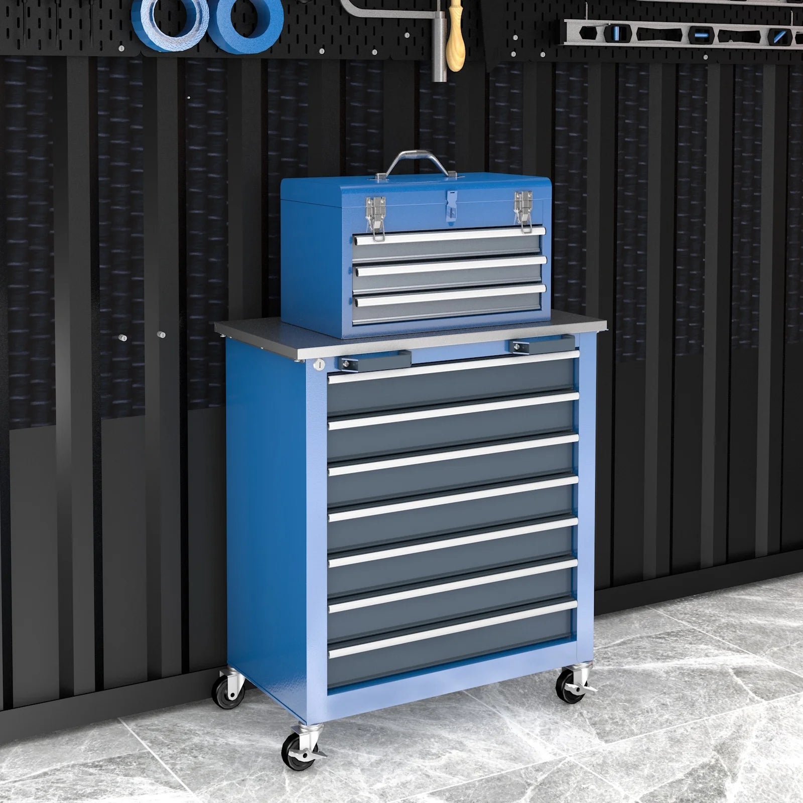 10-Drawers Rolling Tool Chest Toolbox:3-Drawer Tool Box with Openable Top and 7-Drawer Tool Chest Toolbox,Stackable Tool Cabinet: for Garages,Warehouses, Repair Stores and Homes