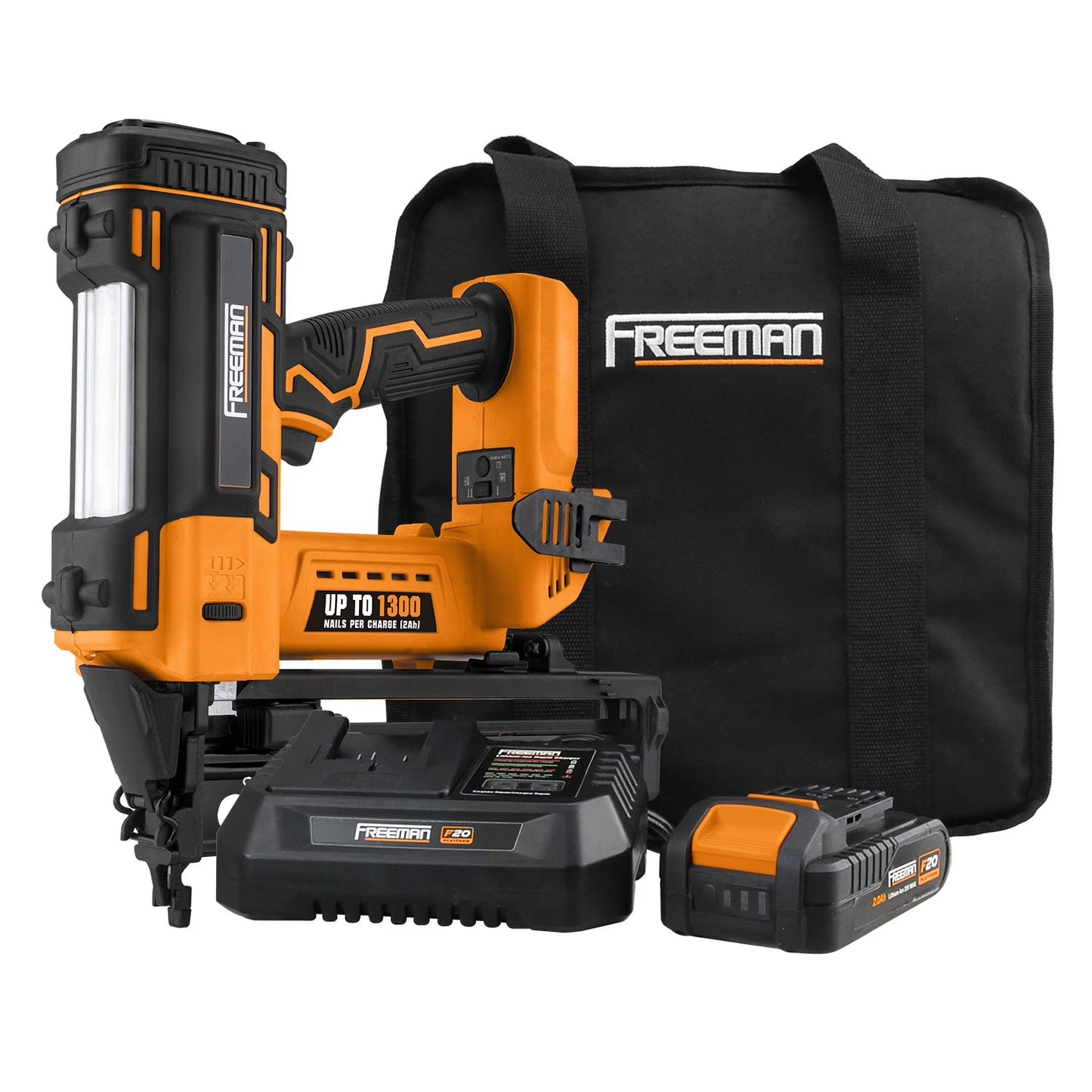 Freeman PE20VFN64 20 Volt Cordless 16-Gauge 2-1/2" Straight Finish Nailer Kit with Lithium Ion Battery, Charger, Bag, and Nails (200 Count) - 1300 Shots per Charge