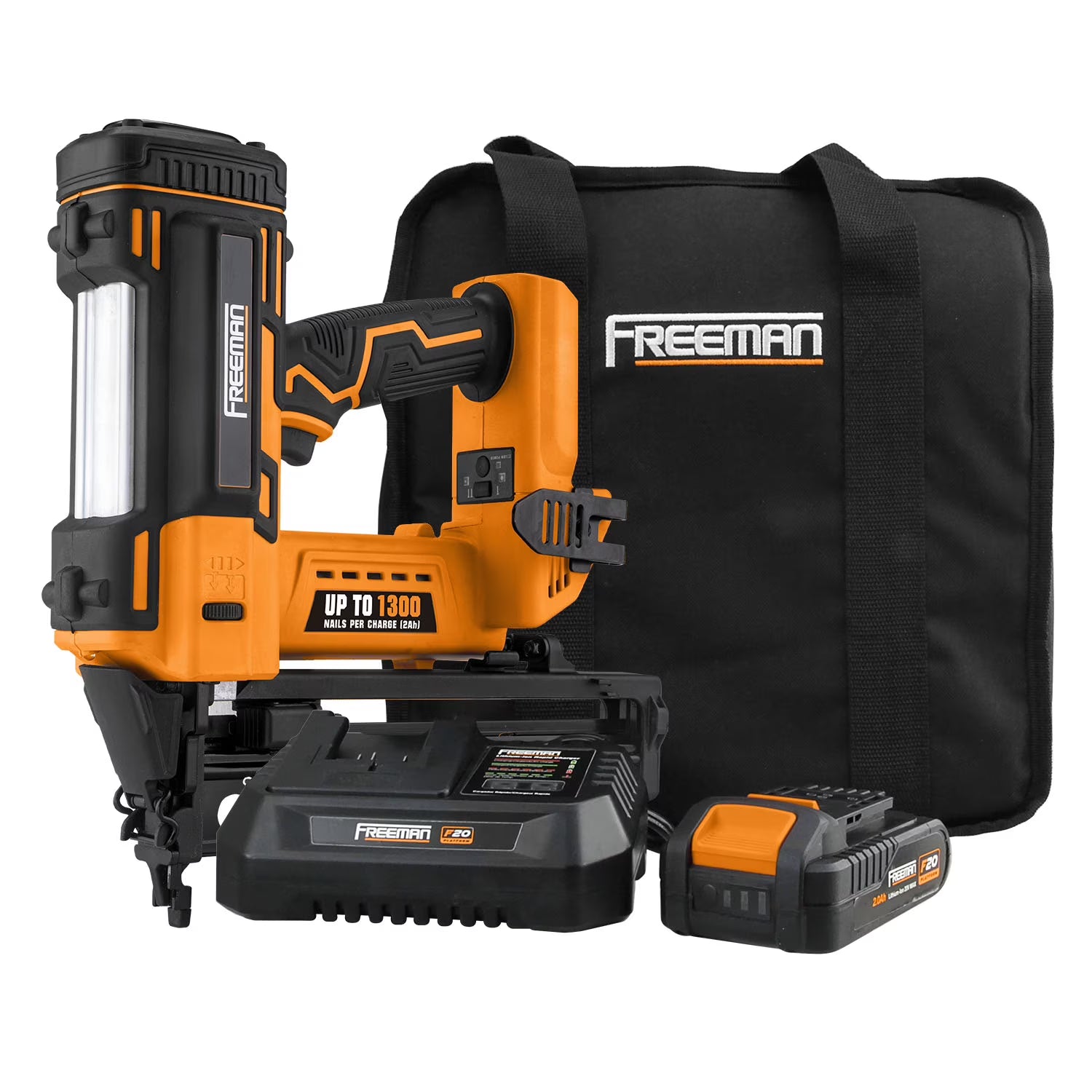 Freeman PE20VFN64 20 Volt Cordless 16-Gauge 2-1/2" Straight Finish Nailer Kit with Lithium Ion Battery, Charger, Bag, and Nails (200 Count) - 1300 Shots per Charge