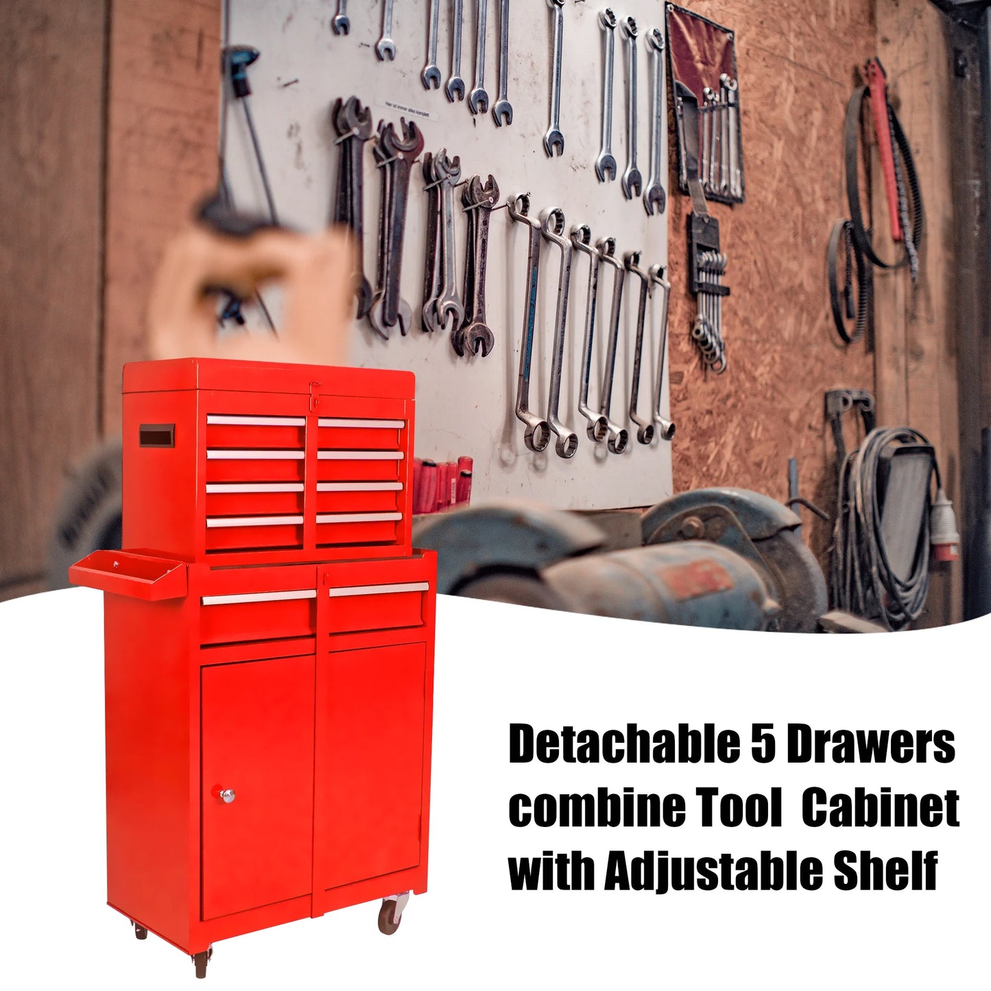 BTMWAY 5-Drawer Rolling Tool Storage Cabinet with Detachable Top Tool Box, Tool Chest with Universal Lockable Wheels, Metal Tool Cart for Garage, Workshop, Barbershop,red