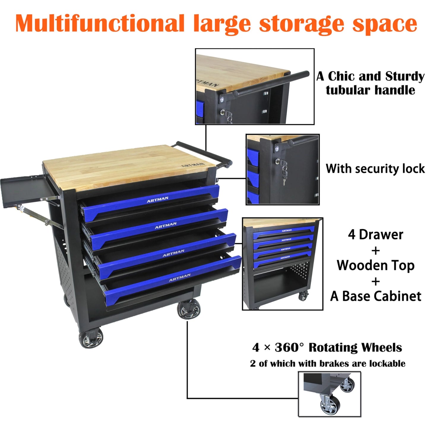 NIGSQJB 4 Drawers Tool Chest on Wheels, 35.4"H Tool Storage Cart with Wooden Top,Drawers Rolling Tool Box Organizer Tool Case with Lock for Garage,Warehouse,Workshop,Repair Shop, Blue Black