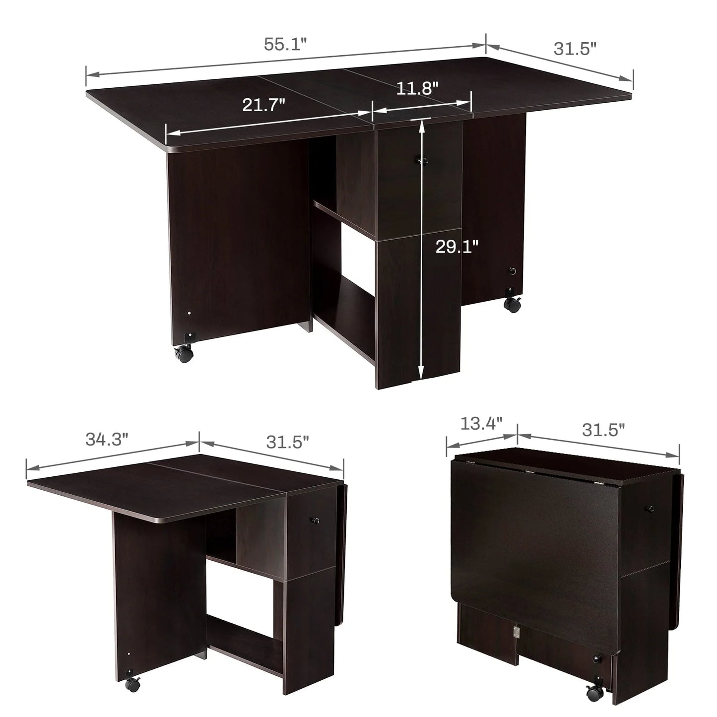 Dinaza Folding Dining Table Drop Leaf Kitchen Table with 2 Drawers for Small Spaces with 6 Wheels and 2-Layer Storage Racks Multifunction Space Saving Table Extension Dinner Table Black Walnut