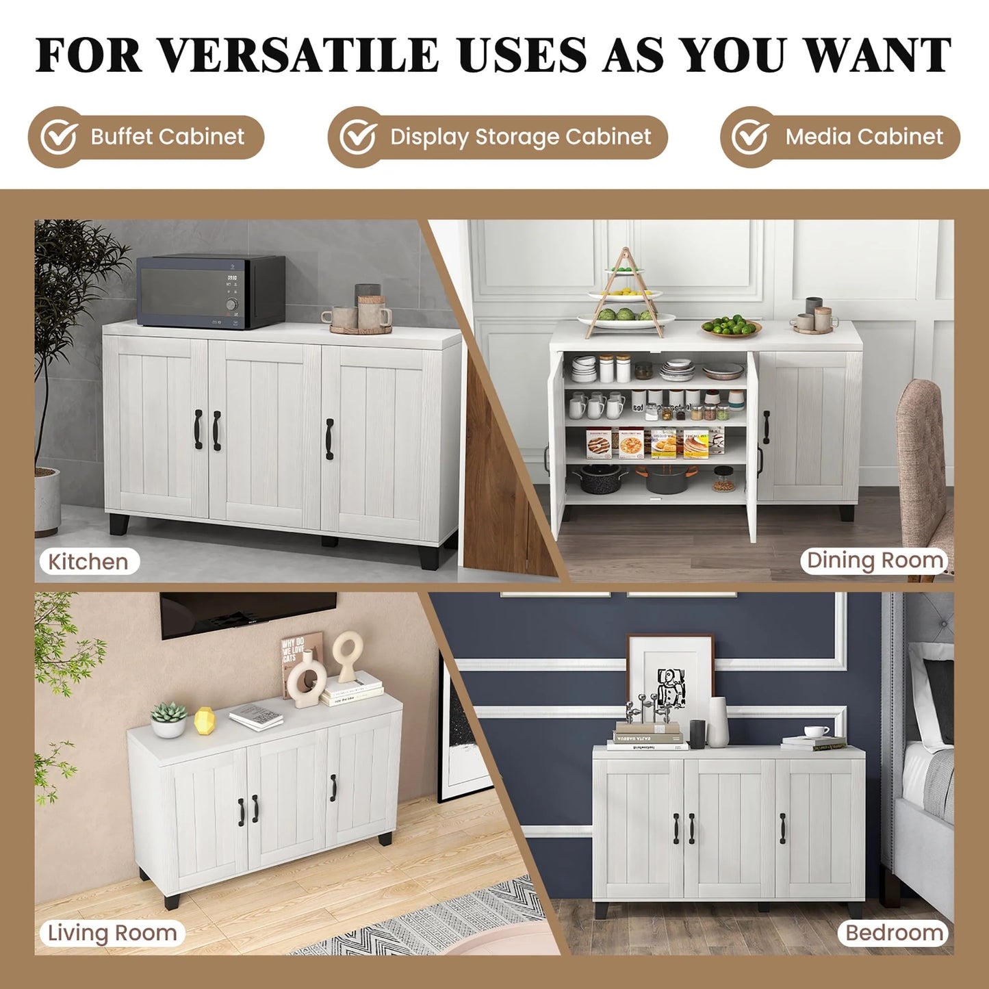 Costway 3-Door Buffet Sideboard Storage Credenza Cabinet Console Adjustable Shelf White Wash