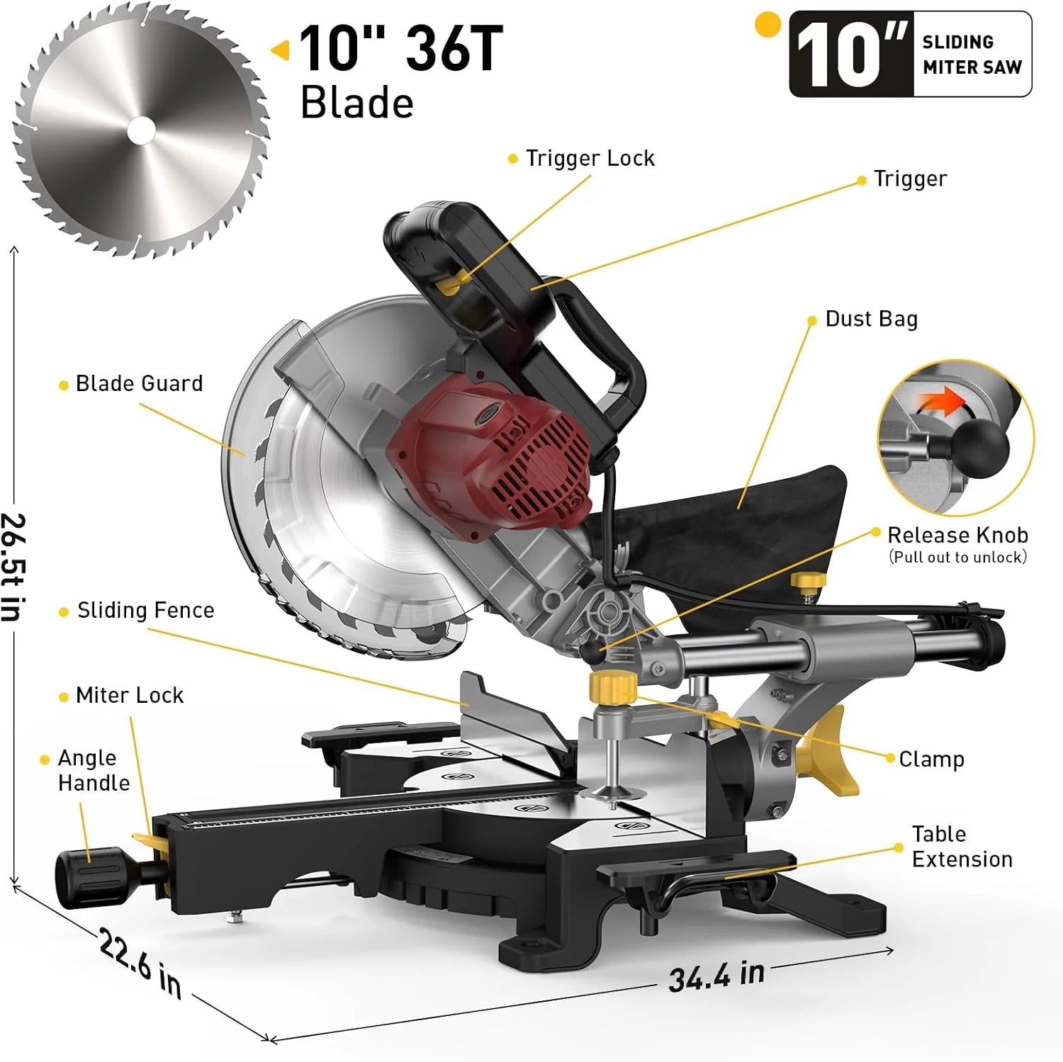 MarvTool 10-inch Sliding Compound Miter Saw Single Bevel 0-45? with Extension Table 36T Blade