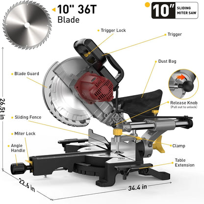 MarvTool 10-inch Sliding Compound Miter Saw Single Bevel 0-45? with Extension Table 36T Blade