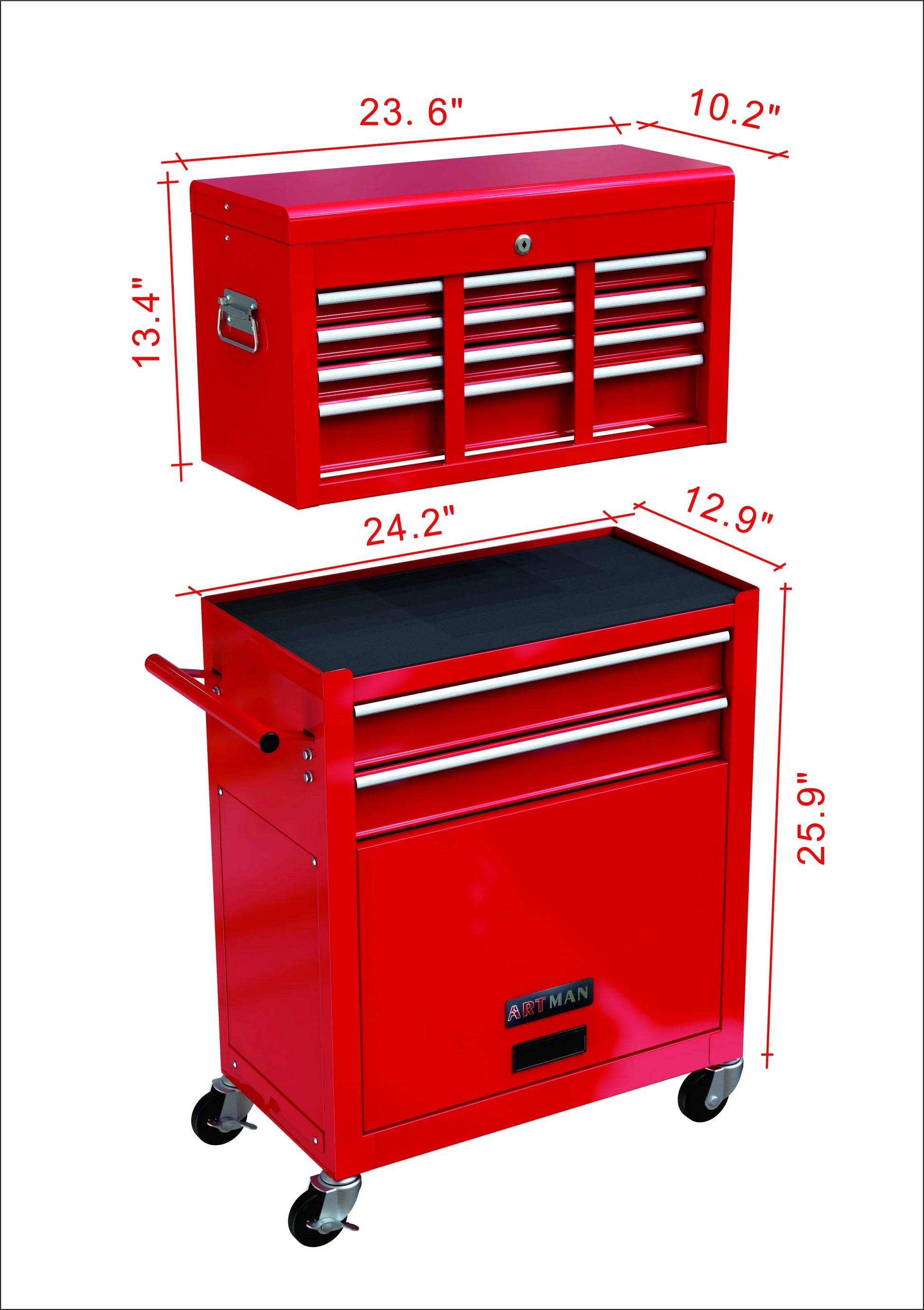 8-Drawer Rolling Tool Chest, 2-IN-1 Tool Chest and Cabinet Stainless Steel, Removable Tool Box Organizer On Wheels Large Cabinet and Sliding Drawers for Garage Workstation Workshop, Red