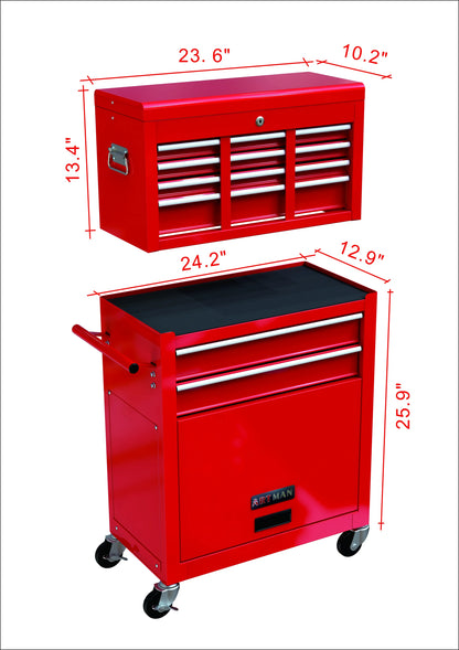 8-Drawer Rolling Tool Chest, 2-IN-1 Tool Chest and Cabinet Stainless Steel, Removable Tool Box Organizer On Wheels Large Cabinet and Sliding Drawers for Garage Workstation Workshop, Red