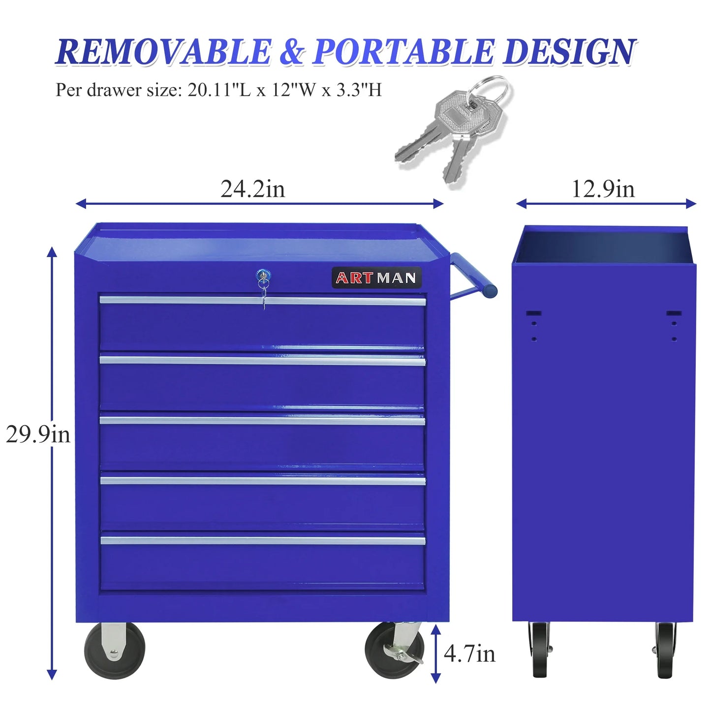 Seizeen Tool Box for Garage Organization, Heavy-Duty Red Tool Chest 5 Storage Drawer, Rooling Tool Cart Lockable for Repair Shop, Smooth Ball-Bearing Drawers