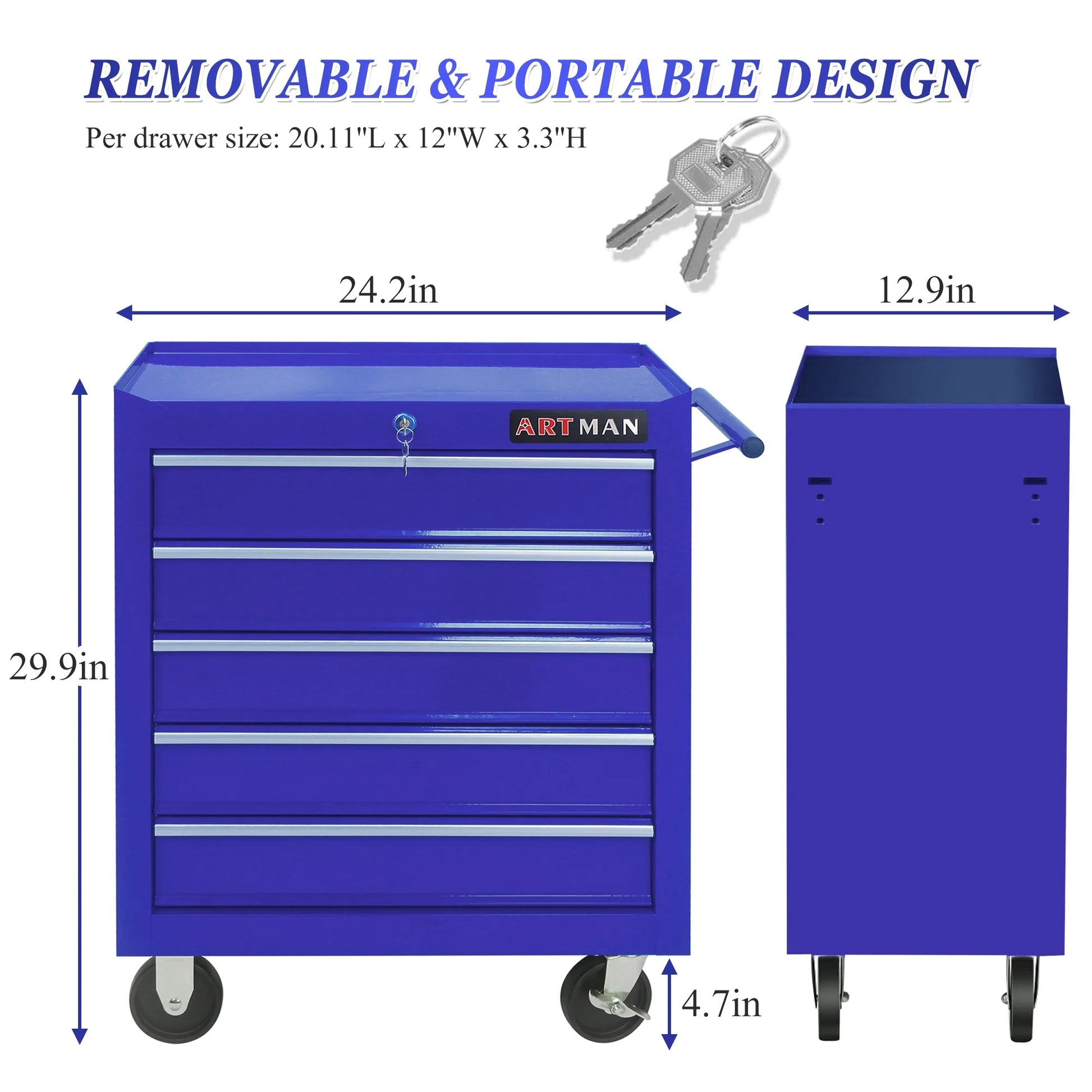 Seizeen Tool Box for Garage Organization, Heavy-Duty Red Tool Chest 5 Storage Drawer, Rooling Tool Cart Lockable for Repair Shop, Smooth Ball-Bearing Drawers