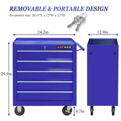 Seizeen Tool Box for Garage Organization, Heavy-Duty Red Tool Chest 5 Storage Drawer, Rooling Tool Cart Lockable for Repair Shop, Smooth Ball-Bearing Drawers