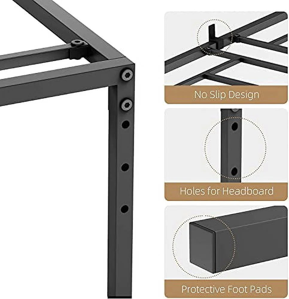 Queen Metal Platform Bed Frame with Sturdy Steel Bed Slats, Mattress Foundation, No Box Spring Needed Large Storage Space, Easy to Assemble, Non-Shaking and Non-Noise, Black