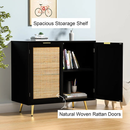 Anmytek Natural Rattan Black Buffet Sideboard Storage Cabinet with 2 Doors