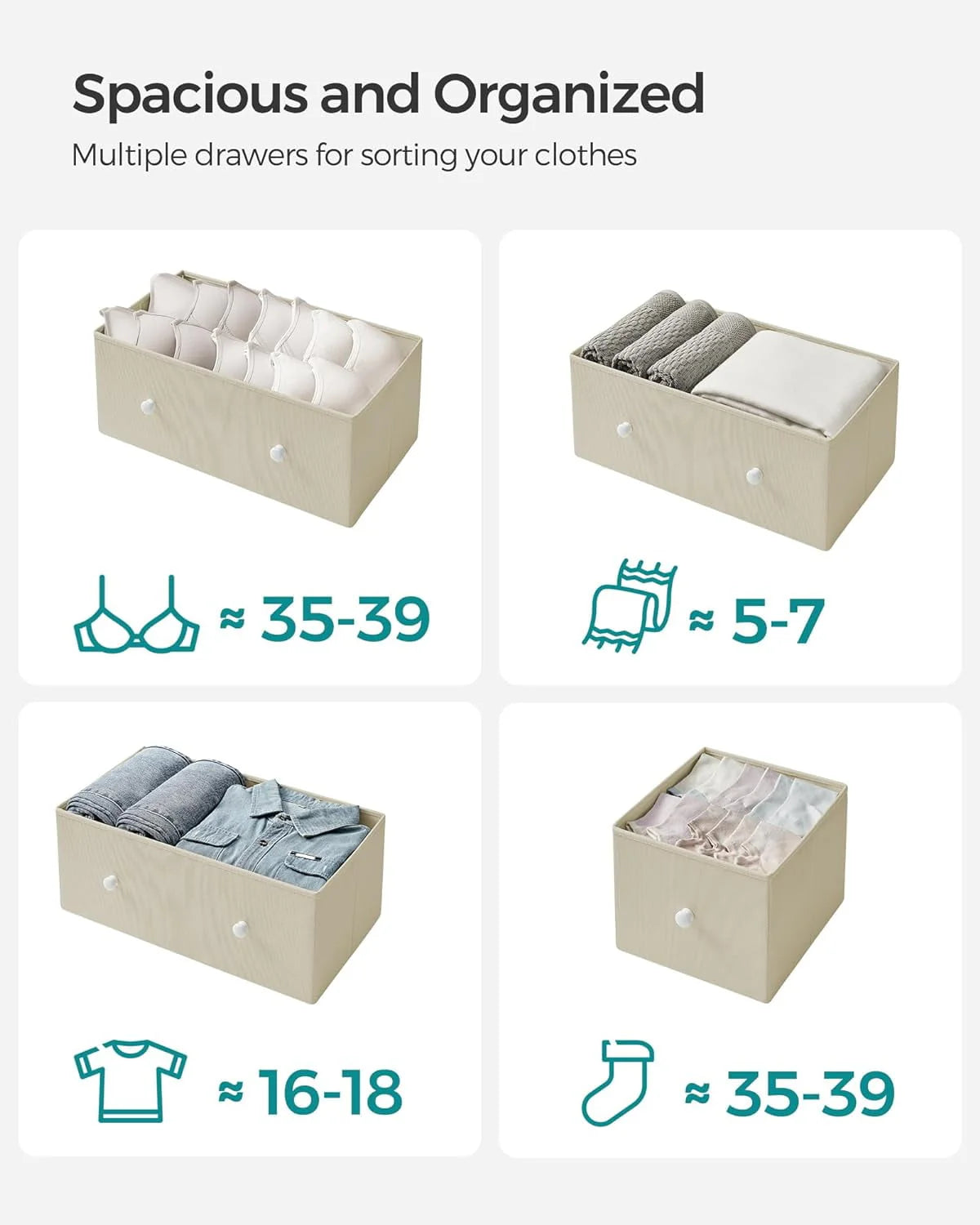 SONGMICS 5 Fabric Drawers Dresser Storage Tower with Unit for-Living-Room Hallway-Nursery Camel Yellow + Cream White