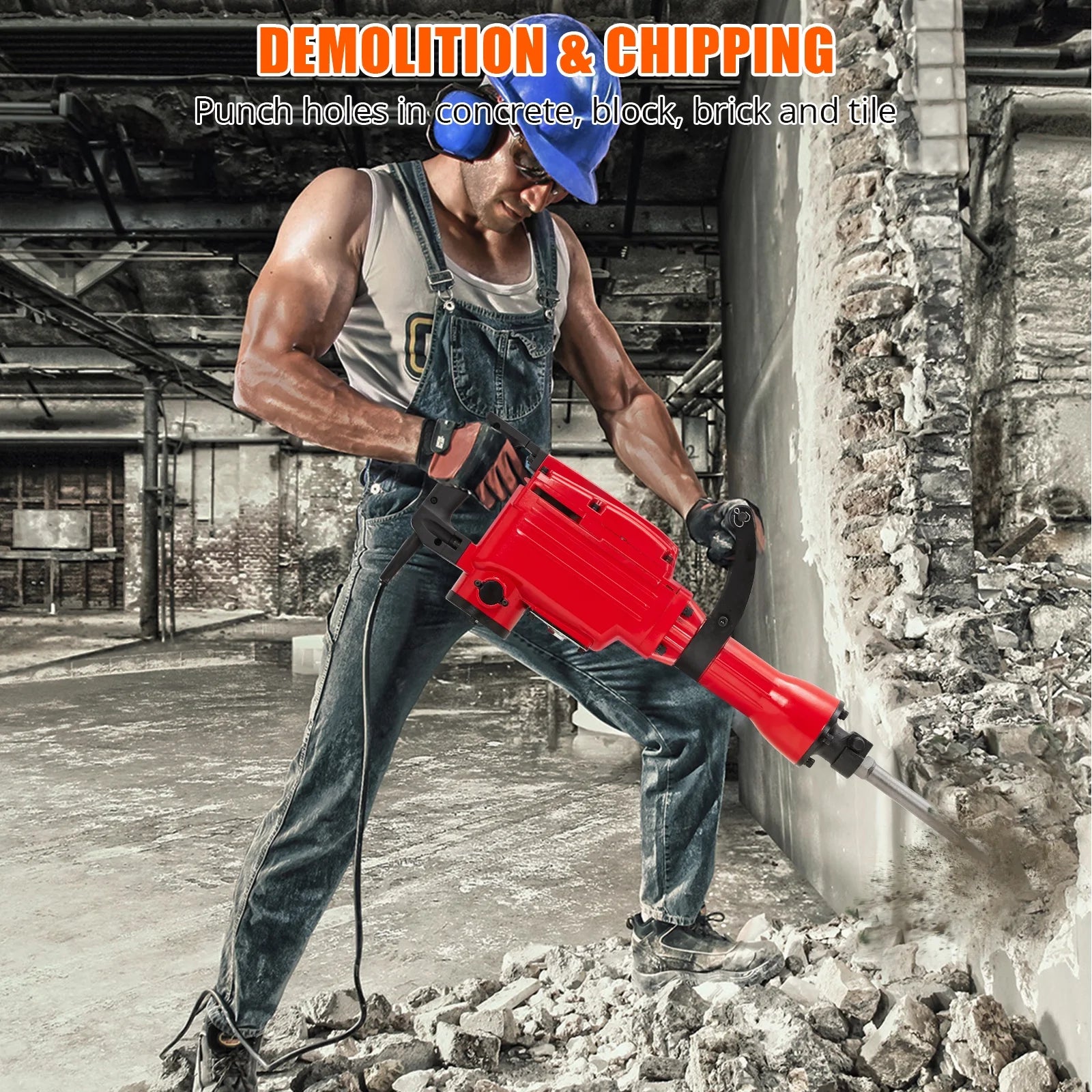 3-piece set 65A 1700W 4 110 Hammer Drill 2200w Electric Demolition Jackhammer Set - Jack Hammer Powerful Performance, 2 Chisels, Gloves, Tool Box, Wrench. Ideal For Superior Demolition Jobs