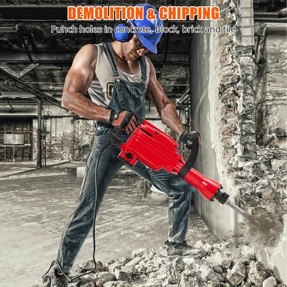 3-piece set 65A 1700W 4 110 Hammer Drill 2200w Electric Demolition Jackhammer Set - Jack Hammer Powerful Performance, 2 Chisels, Gloves, Tool Box, Wrench. Ideal For Superior Demolition Jobs