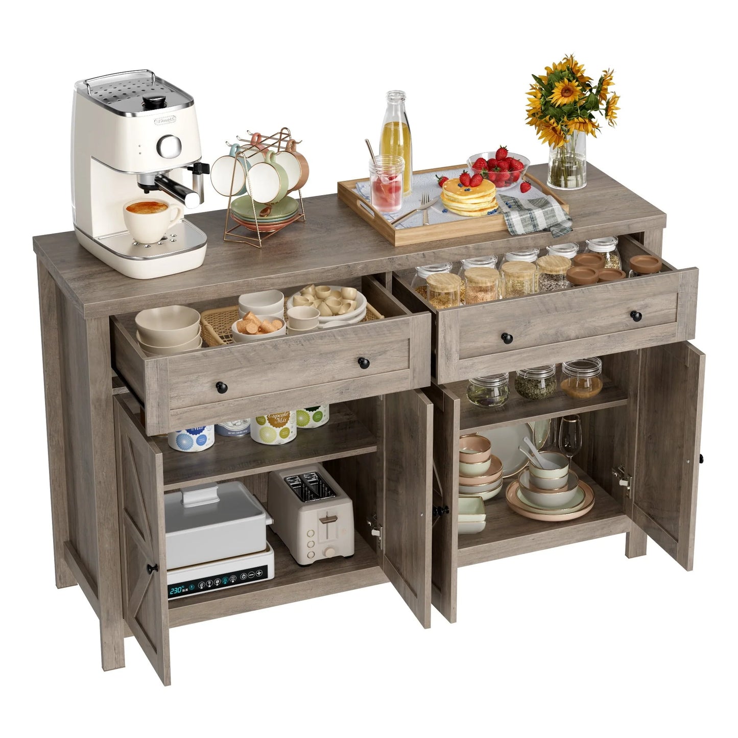 Homfa Farmhouse Kitchen Storage Cabinet, 4-Doors 2-Drawers Wood Buffet Sideboard for Dining Room Living Room, Gray