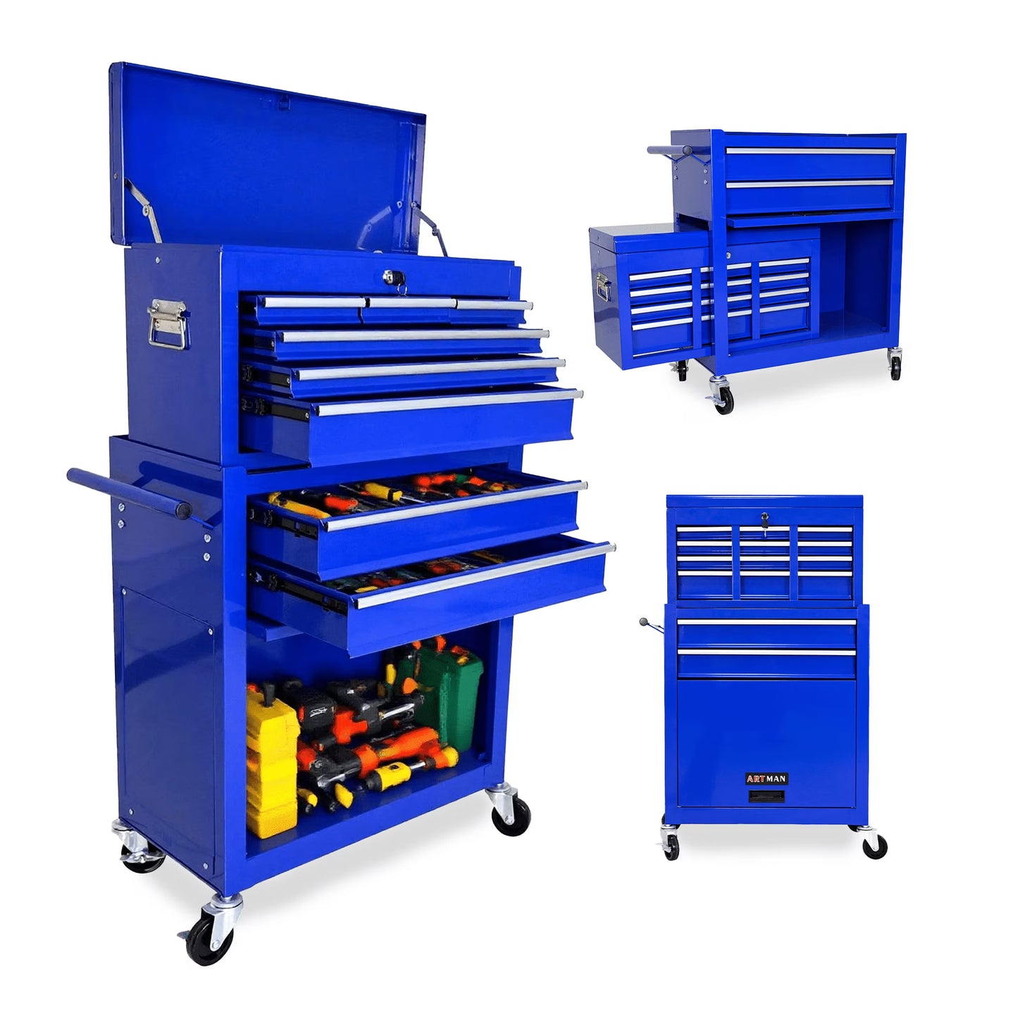 ARTMAN 2-IN-1 High Capacity 8-DrawerTool Box, Rolling Storage Tool Chest Cabinet with Wheels and Drawers for Garage Workshop Warehouse