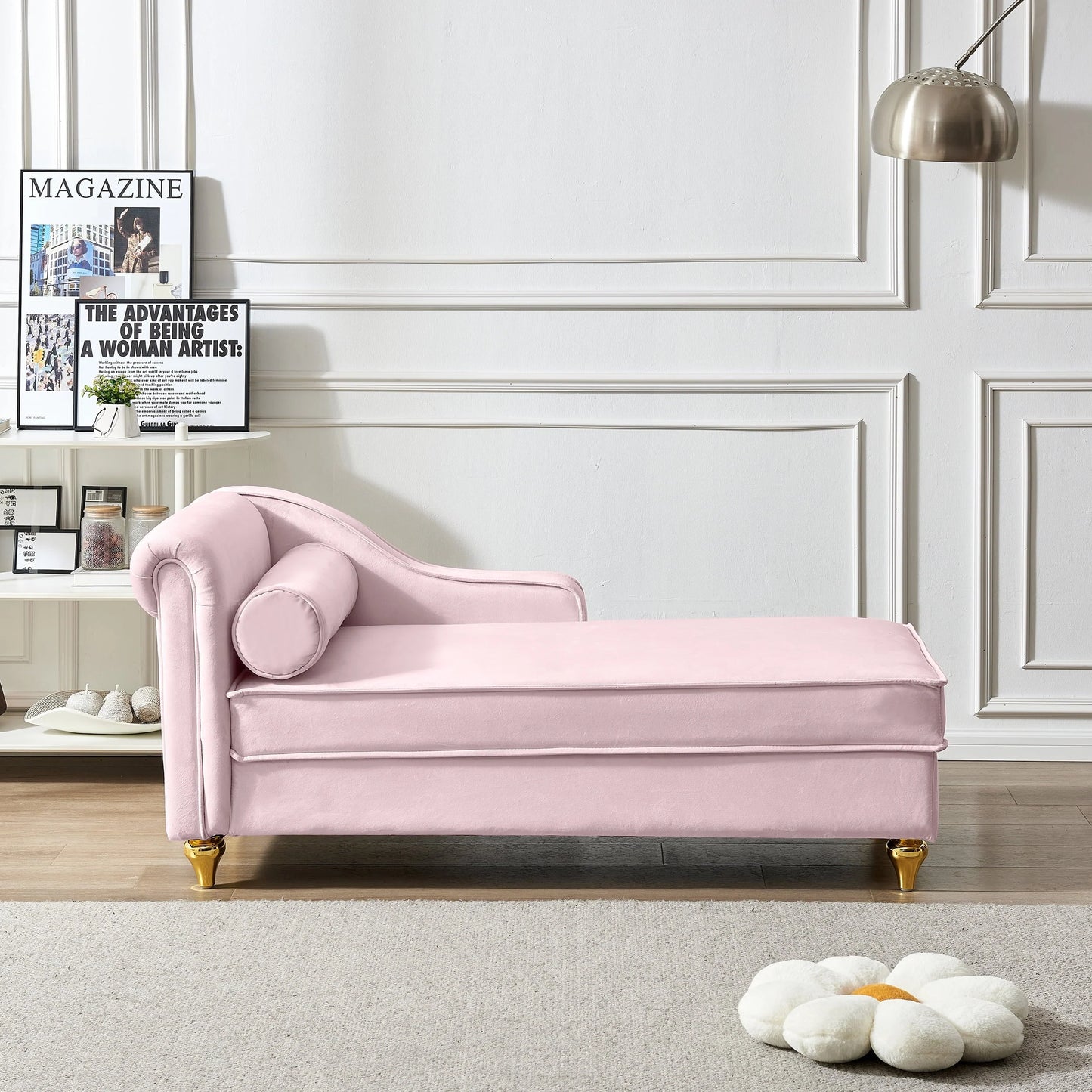 60.6" Velvet Chaise Lounge with Storage, Small Sofa Trimmed with Solid Metal Legs with 1 Pillow, Pink