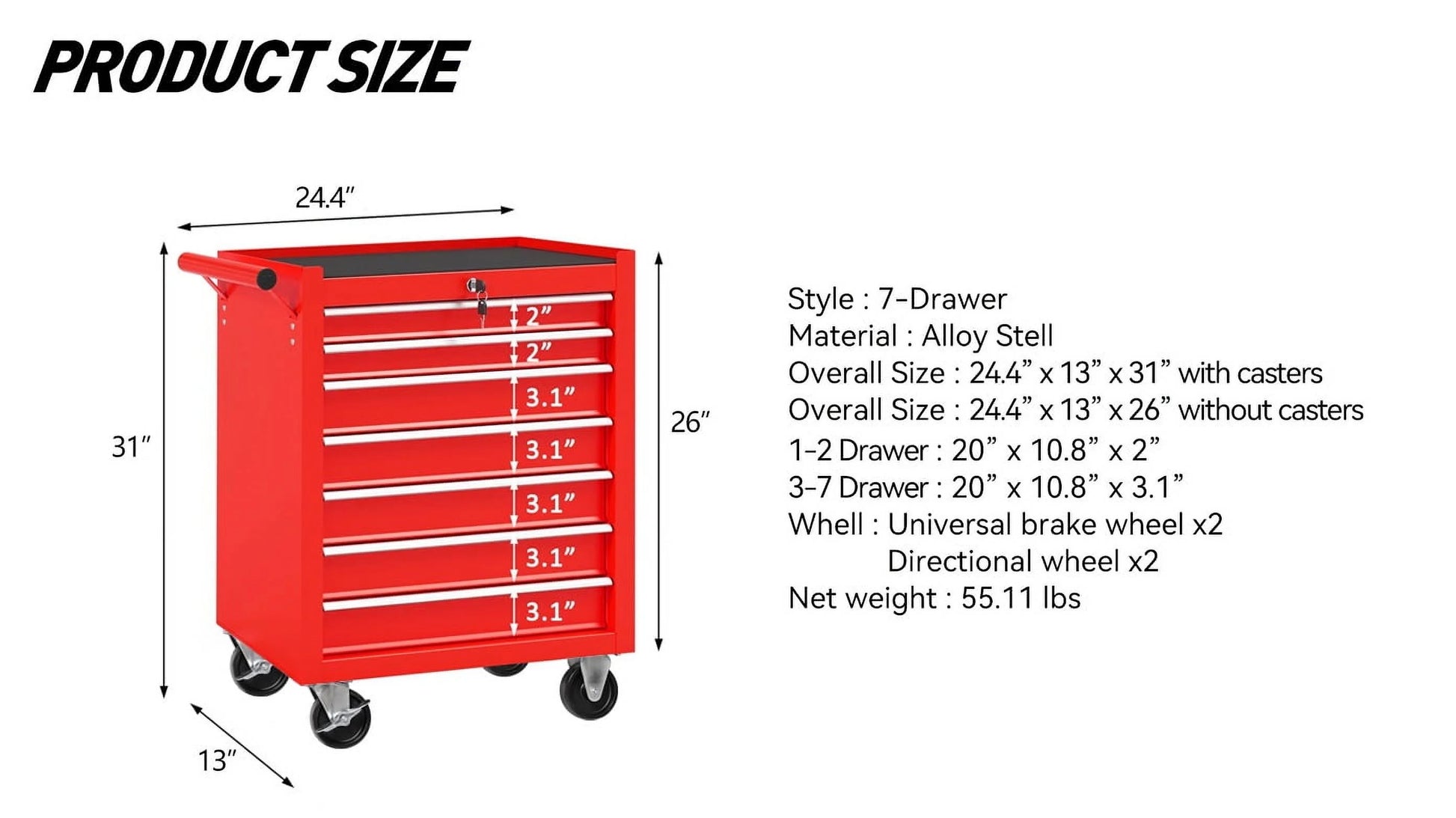 7-Drawer Rolling Tool Chest, Garage Tool Box & Cabinet Large Capacity, Lockable Tool Box Organizer on Wheels with Sliding Drawers, Black