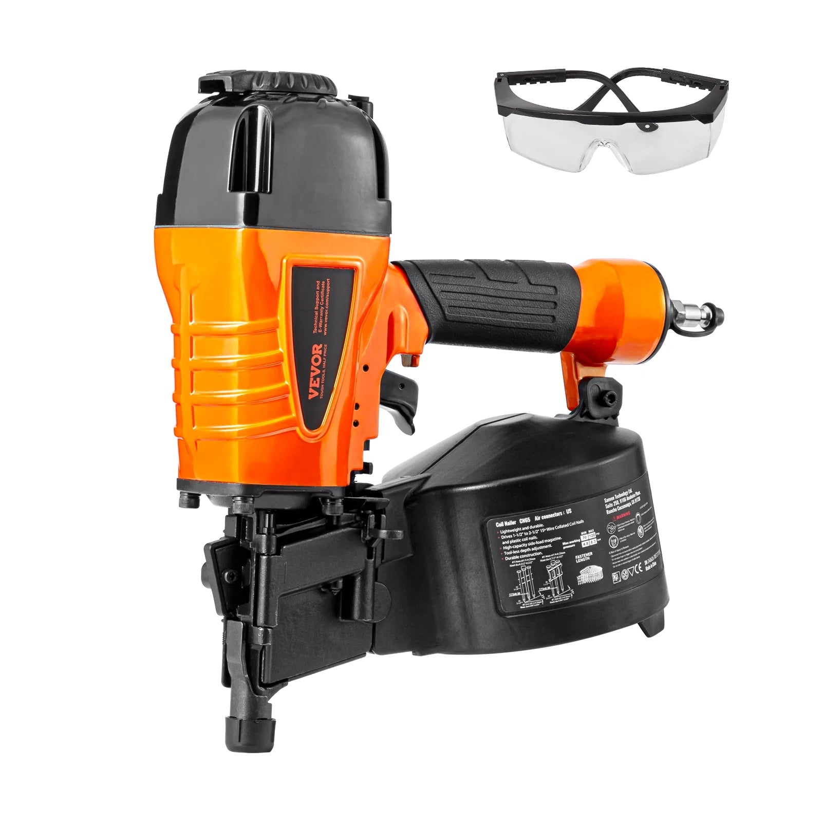 VEVOR Coil Siding Nailer CN65, 1-1/4" to 2-1/2" 15 Degree Pneumatic Siding Nail Gun with Tool-Less Depth Adjustment, 70-120PSI Air Coil Nailer for Siding, Pallet Sheathing, Wooding, Fencing
