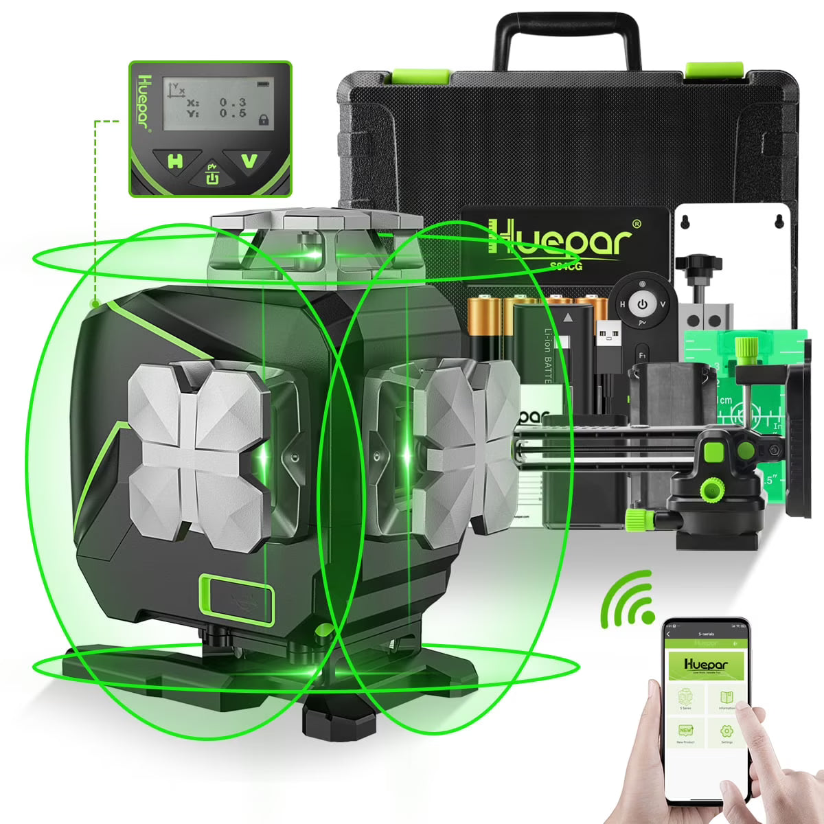 4D 16 Lines Self-Leveling Laser Level, 200Ft Green Beam 4 x 360° Cross Line Laser Level Tools with LCD Screen, Bluetooth and Magnetic Bracket