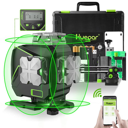 4D 16 Lines Self-Leveling Laser Level, 200Ft Green Beam 4 x 360° Cross Line Laser Level Tools with LCD Screen, Bluetooth and Magnetic Bracket