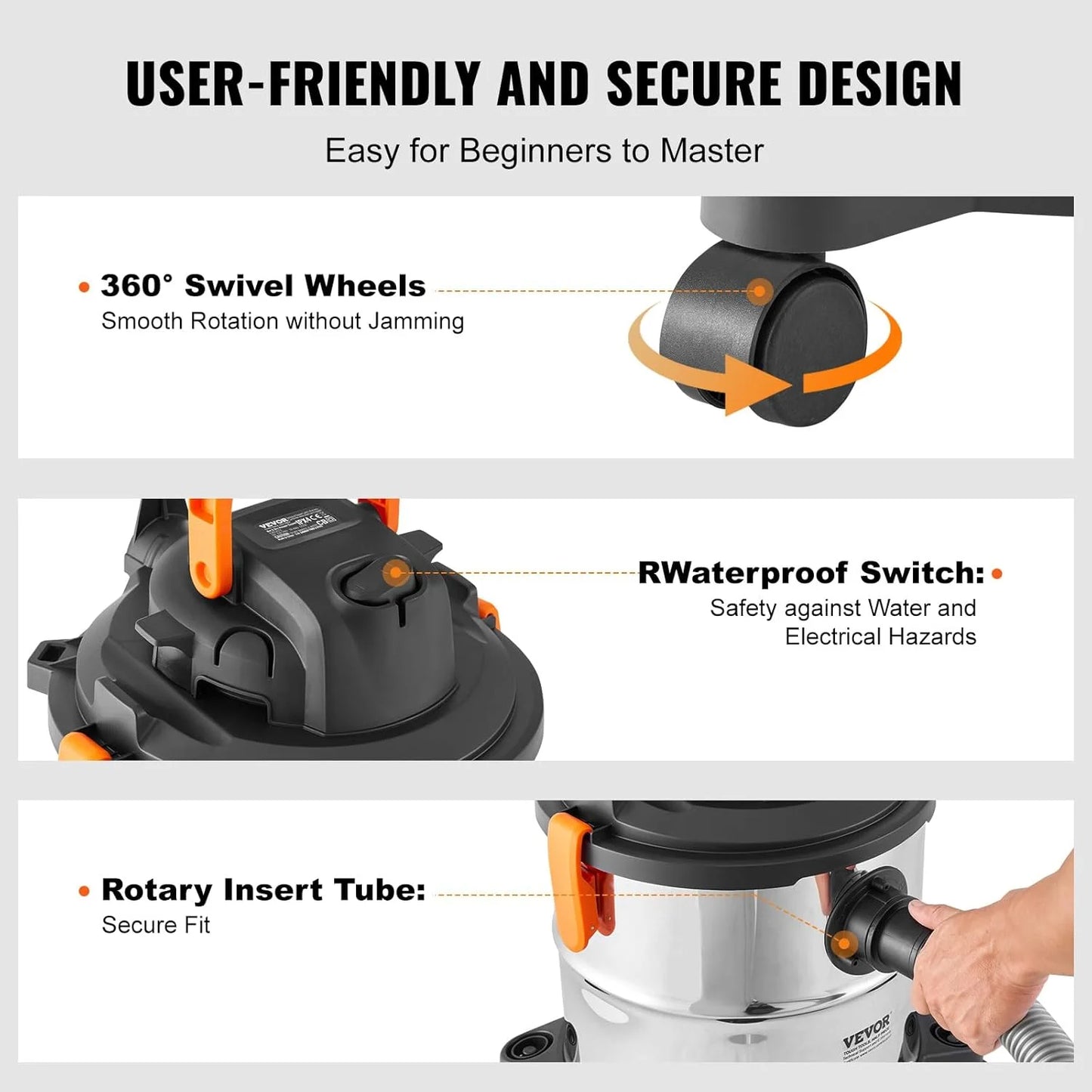 Stainless Steel Wet Dry Shop Vacuum, 5.5 Gallon 6 Peak HP Wet/Dry Vac, Powerful Suction with Blower Function w/Attachment 2-in-1 Crevice Nozzle, Small Vac Perfect for Carpet Debris, Pet Hair