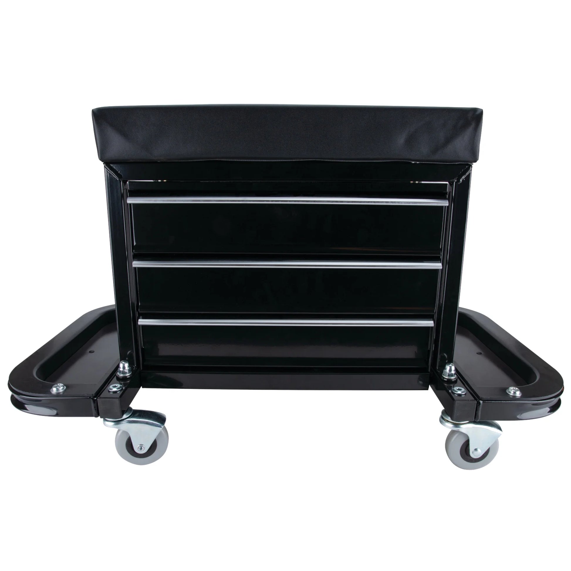 Performance Tool W85025 3-Drawer Rolling Tool Chest Seat with Magnetic Side Trays, 350 Lbs. Capacity, Rear Tray, Black